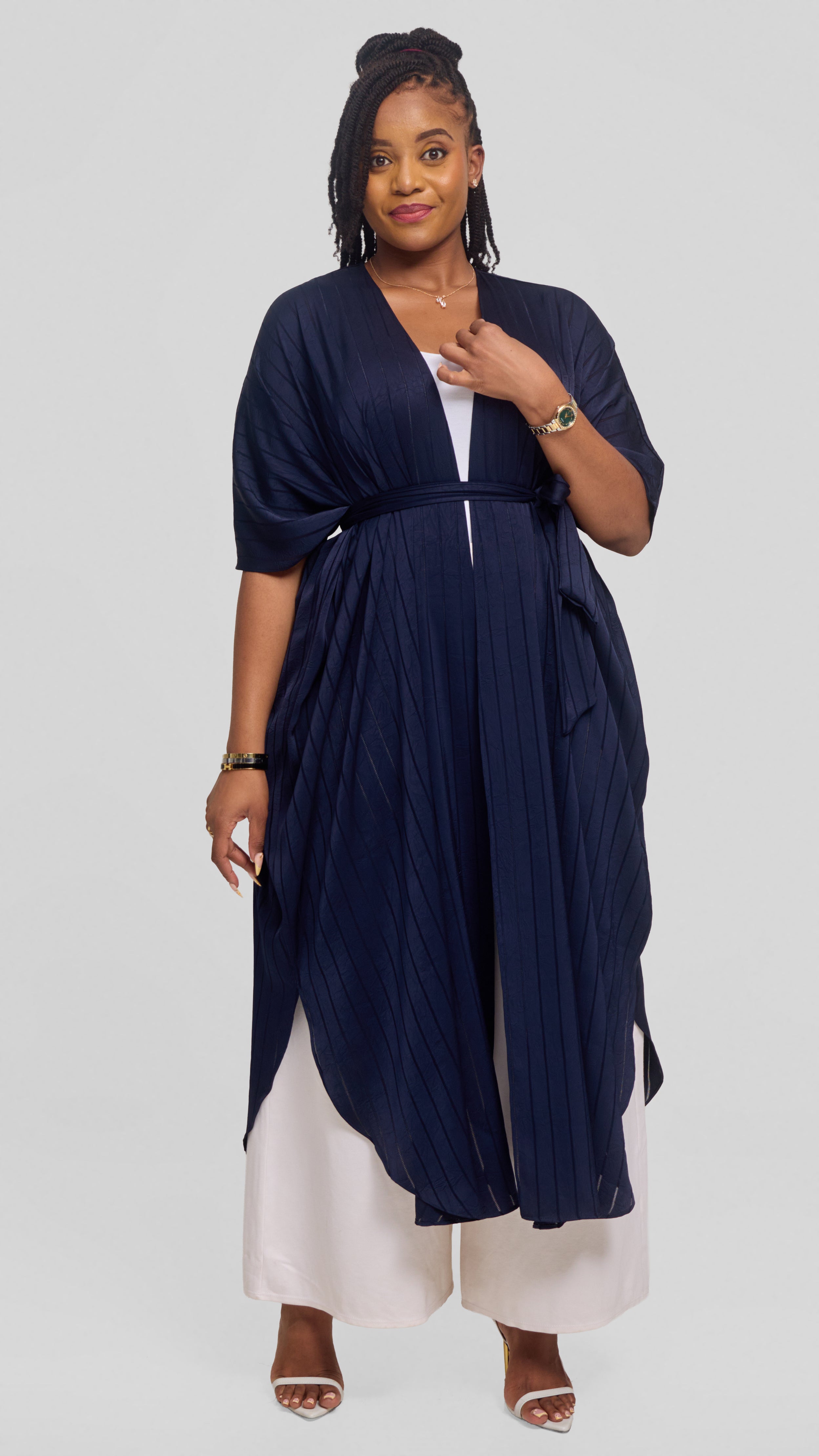 Vivo Scalloped Kimono in Stripped Crepe - Navy Blue