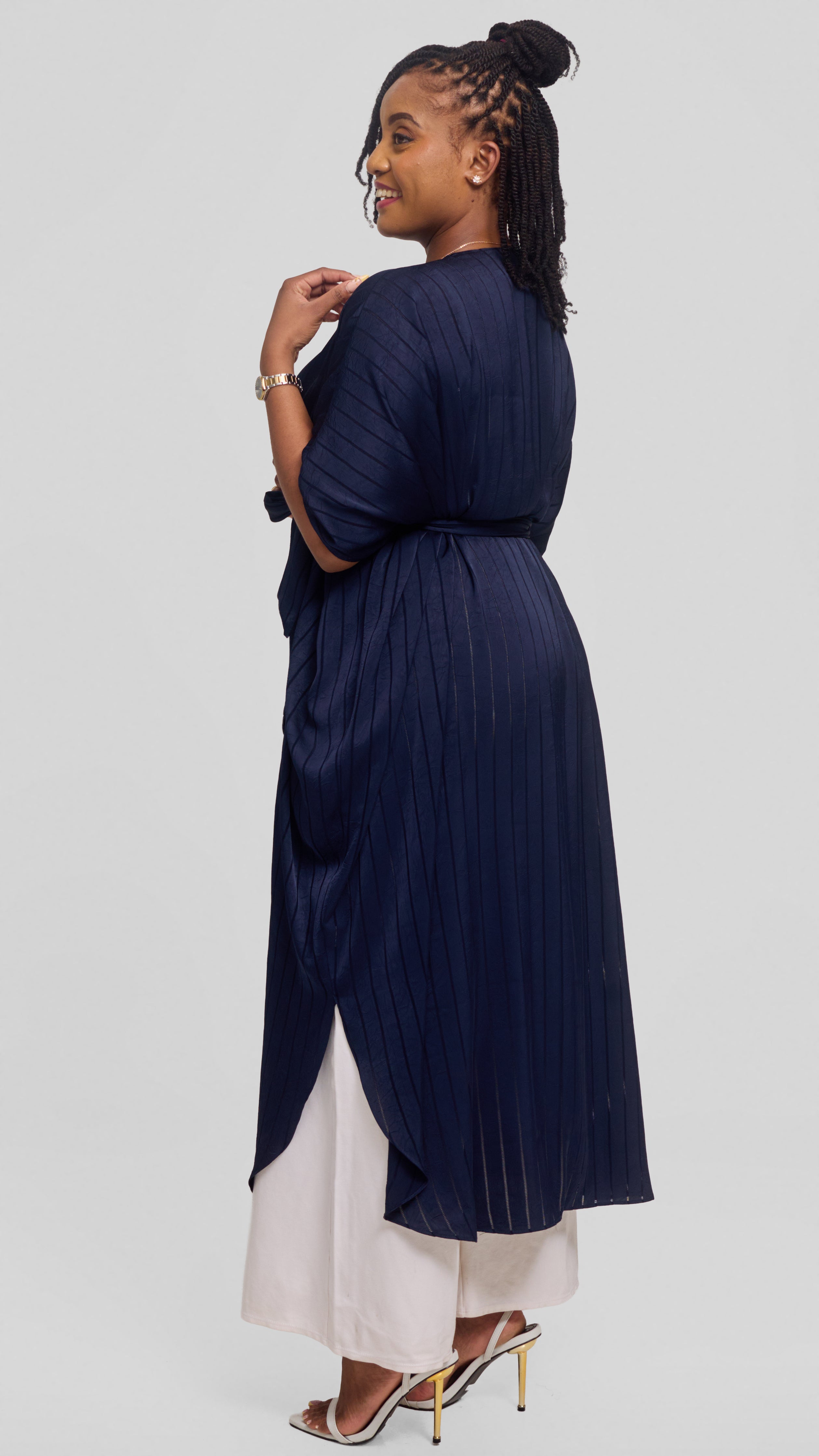 Vivo Scalloped Kimono in Stripped Crepe - Navy Blue