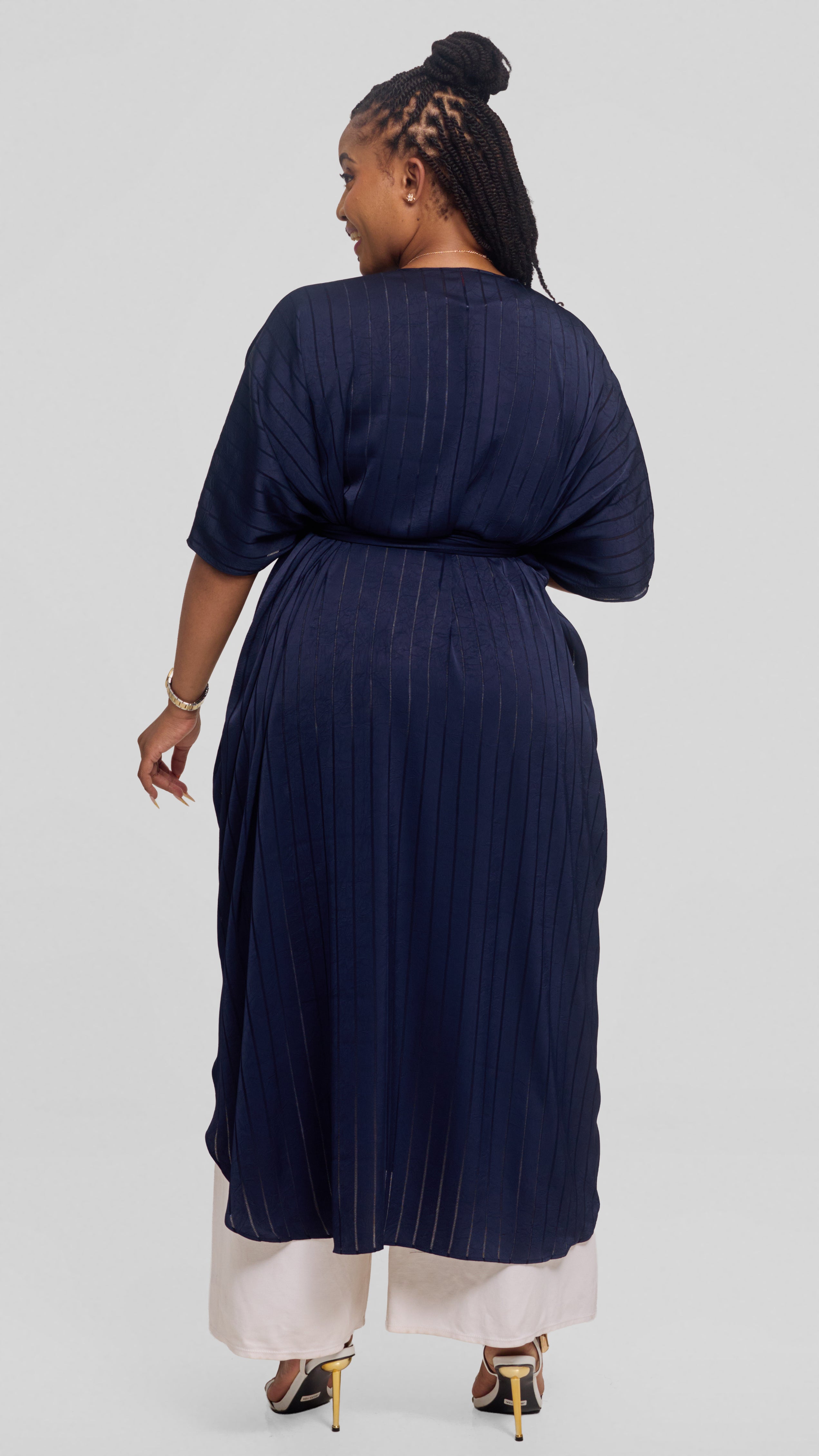 Vivo Scalloped Kimono in Stripped Crepe - Navy Blue