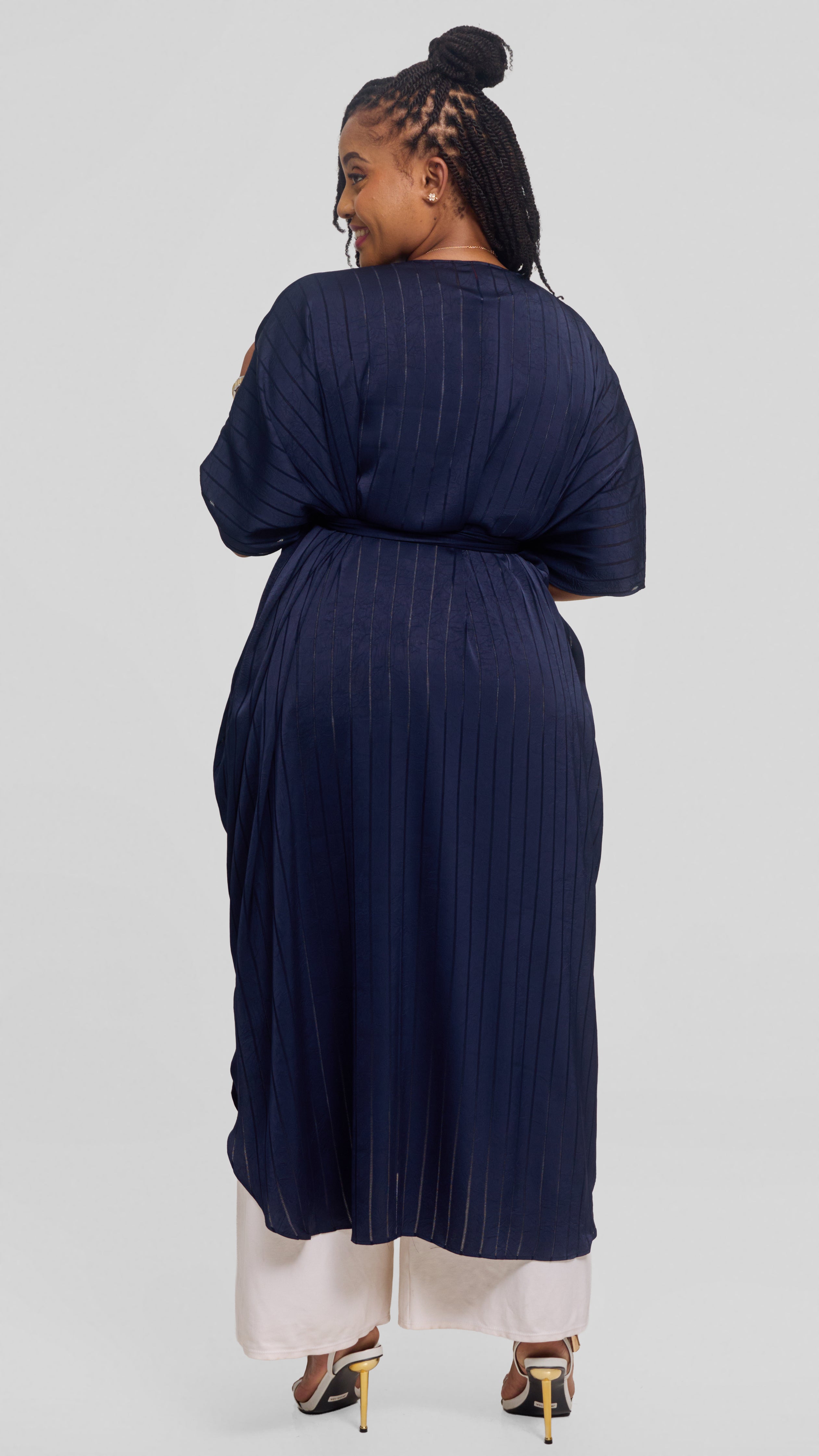 Vivo Scalloped Kimono in Stripped Crepe - Navy Blue