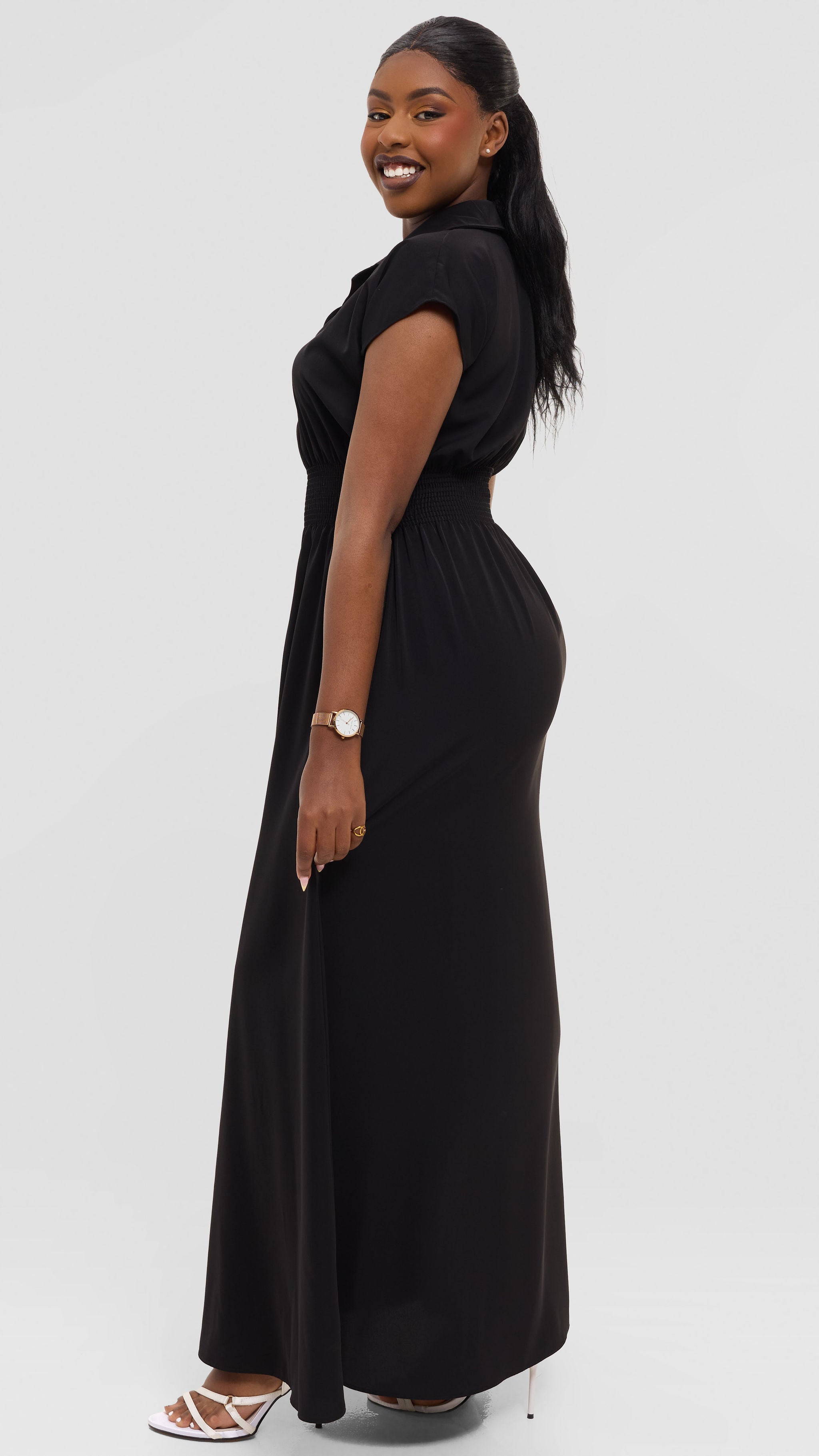 Vivo Zena Shirred Waist Maxi Shirt Dress in Crepe - Black