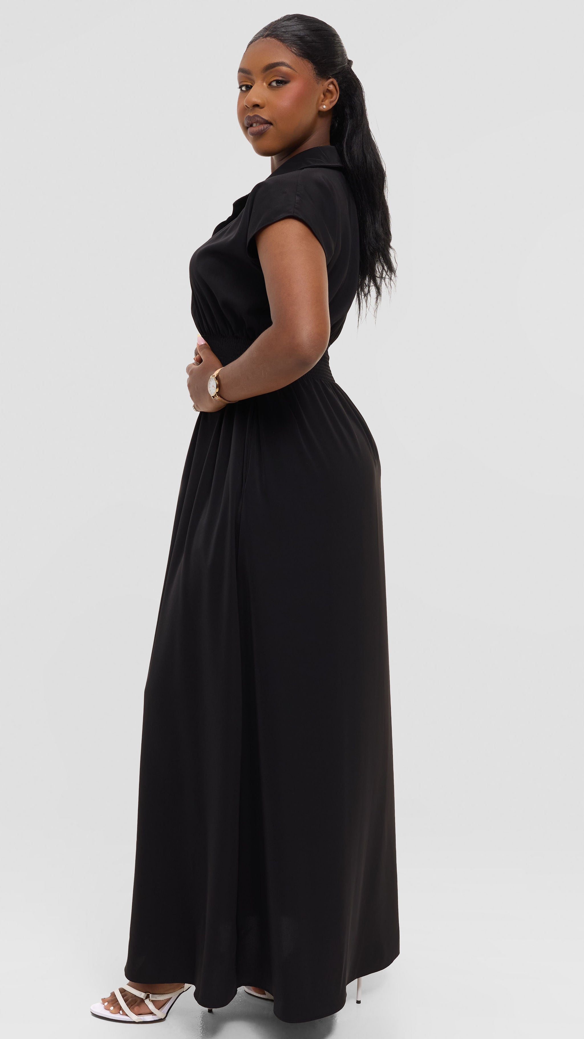Vivo Zena Shirred Waist Maxi Shirt Dress in Crepe - Black