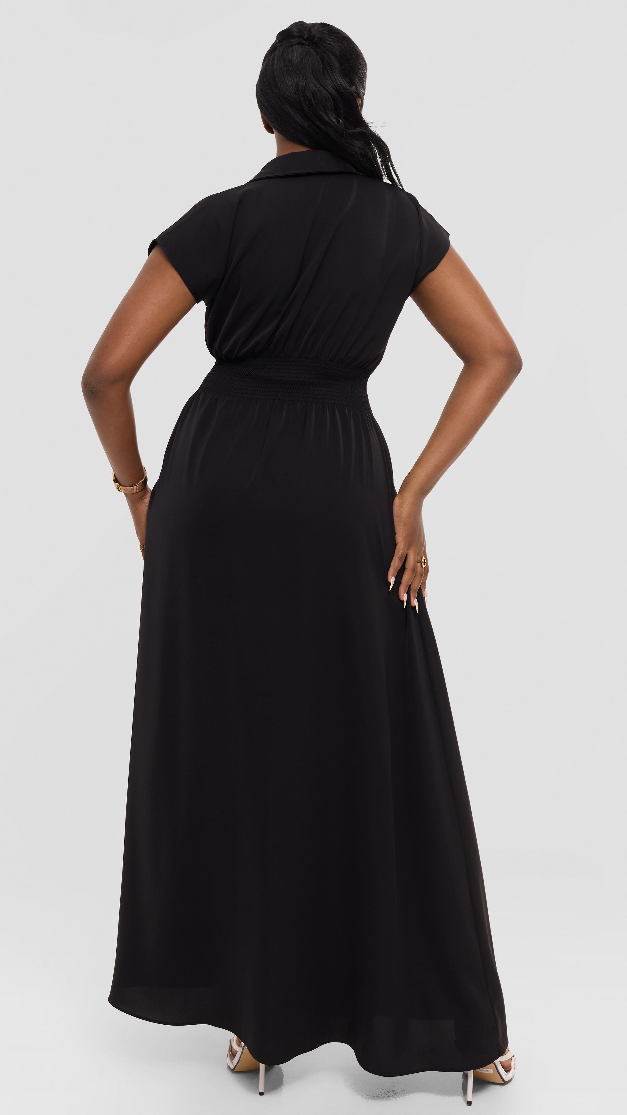 Vivo Zena Shirred Waist Maxi Shirt Dress in Crepe - Black