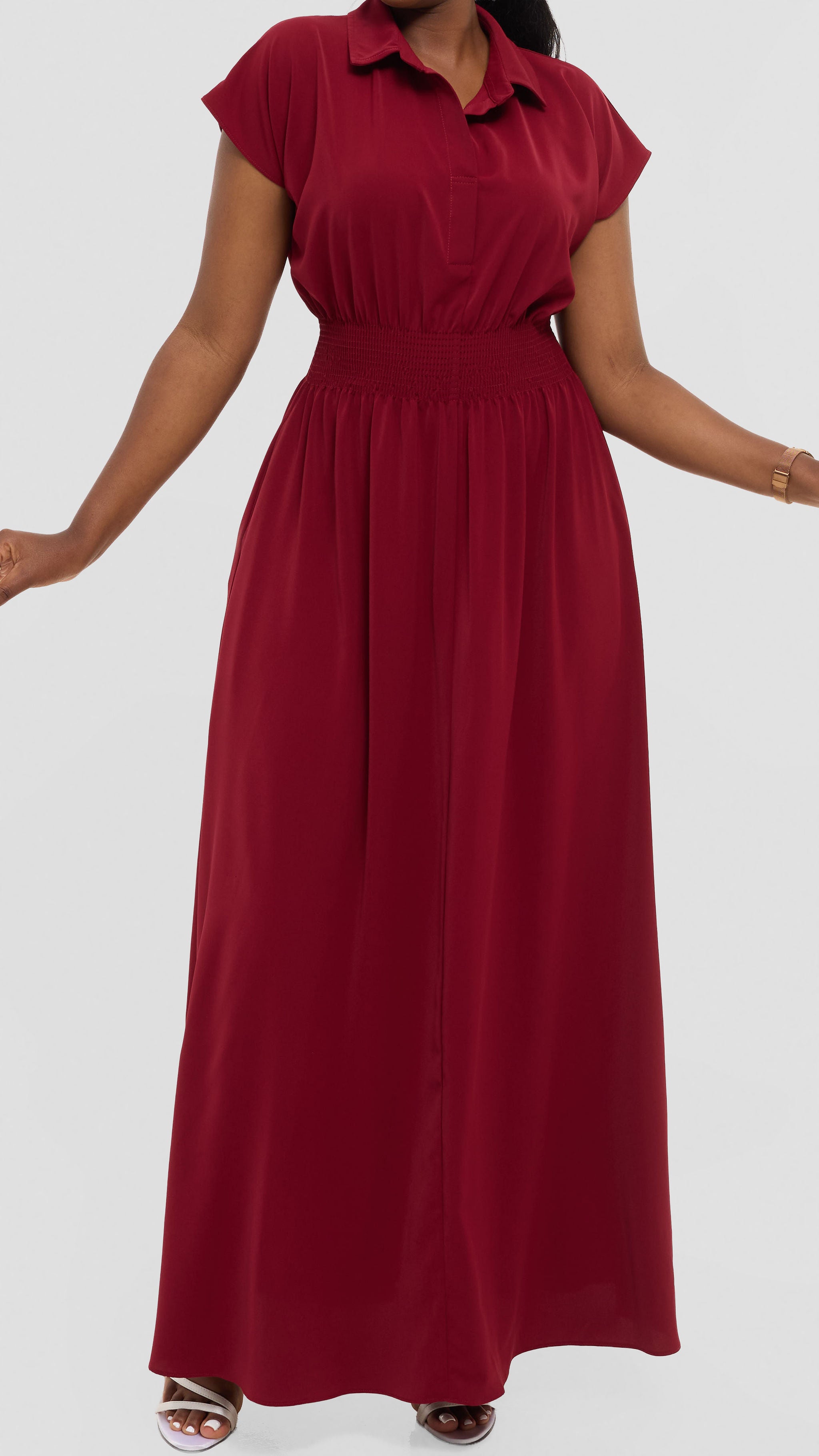 Vivo Zena Shirred Waist Maxi Shirt Dress in Crepe - Dark Red