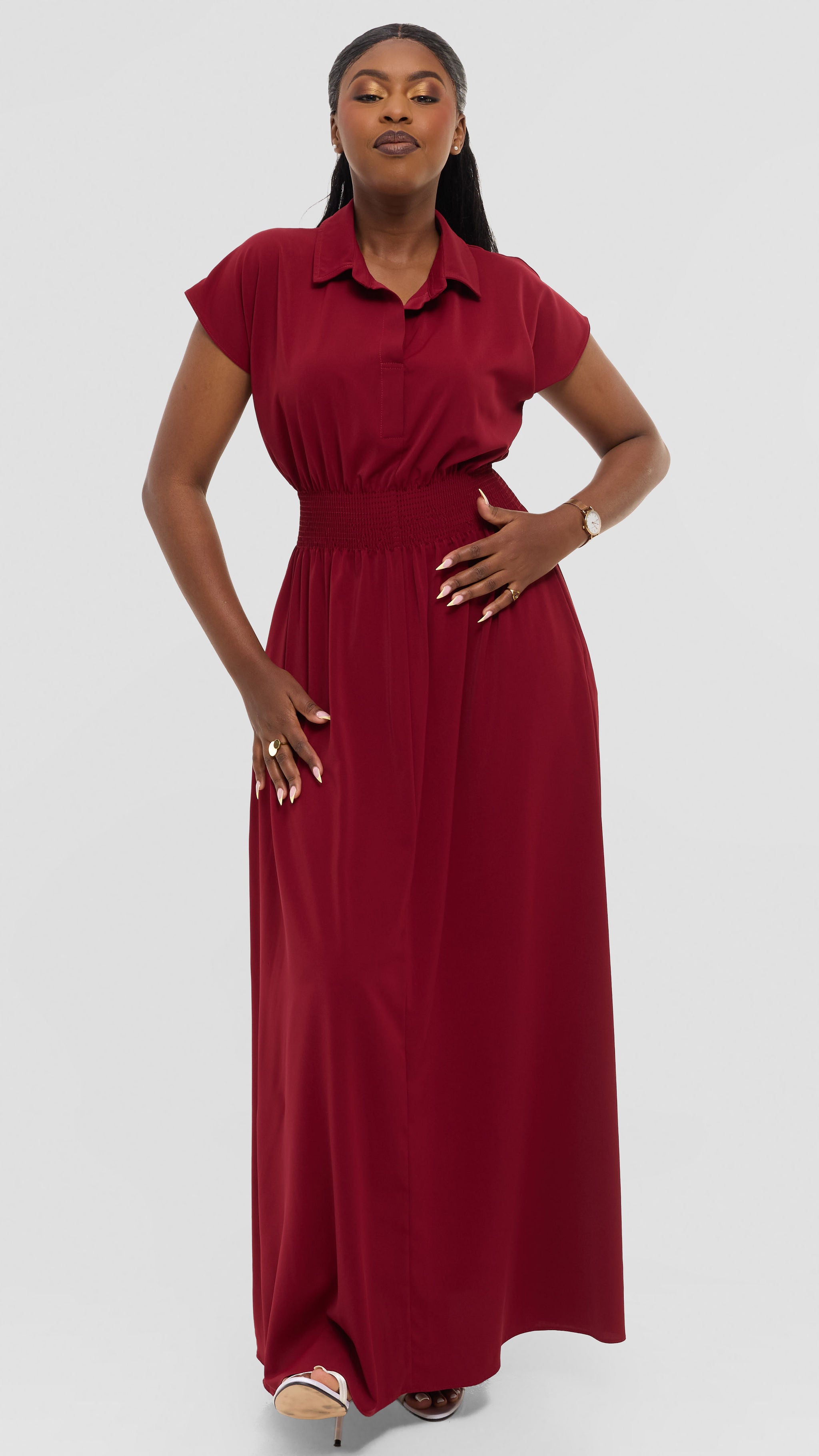 Vivo Zena Shirred Waist Maxi Shirt Dress in Crepe - Dark Red
