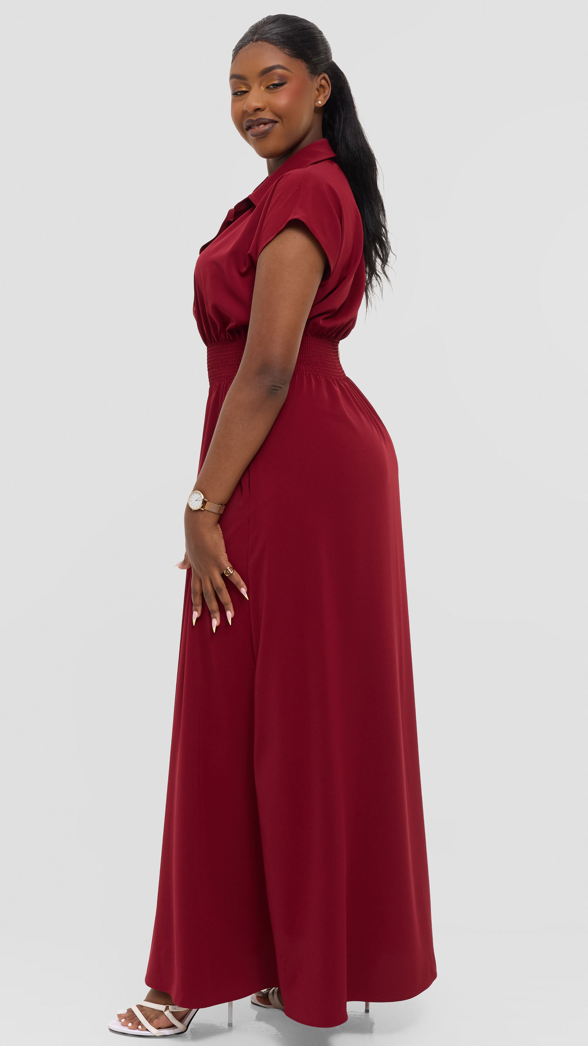 Vivo Zena Shirred Waist Maxi Shirt Dress in Crepe - Dark Red