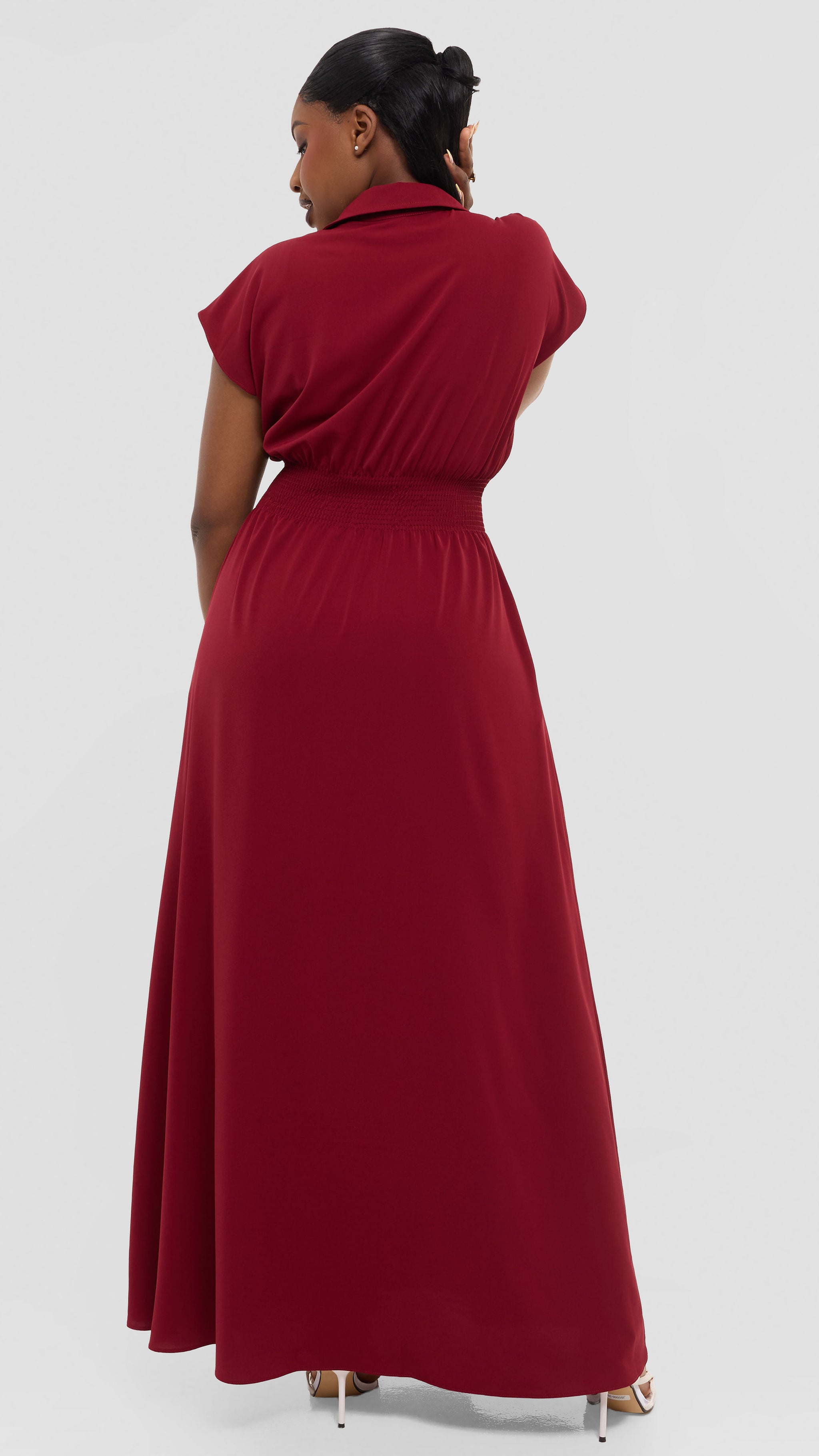 Vivo Zena Shirred Waist Maxi Shirt Dress in Crepe - Dark Red
