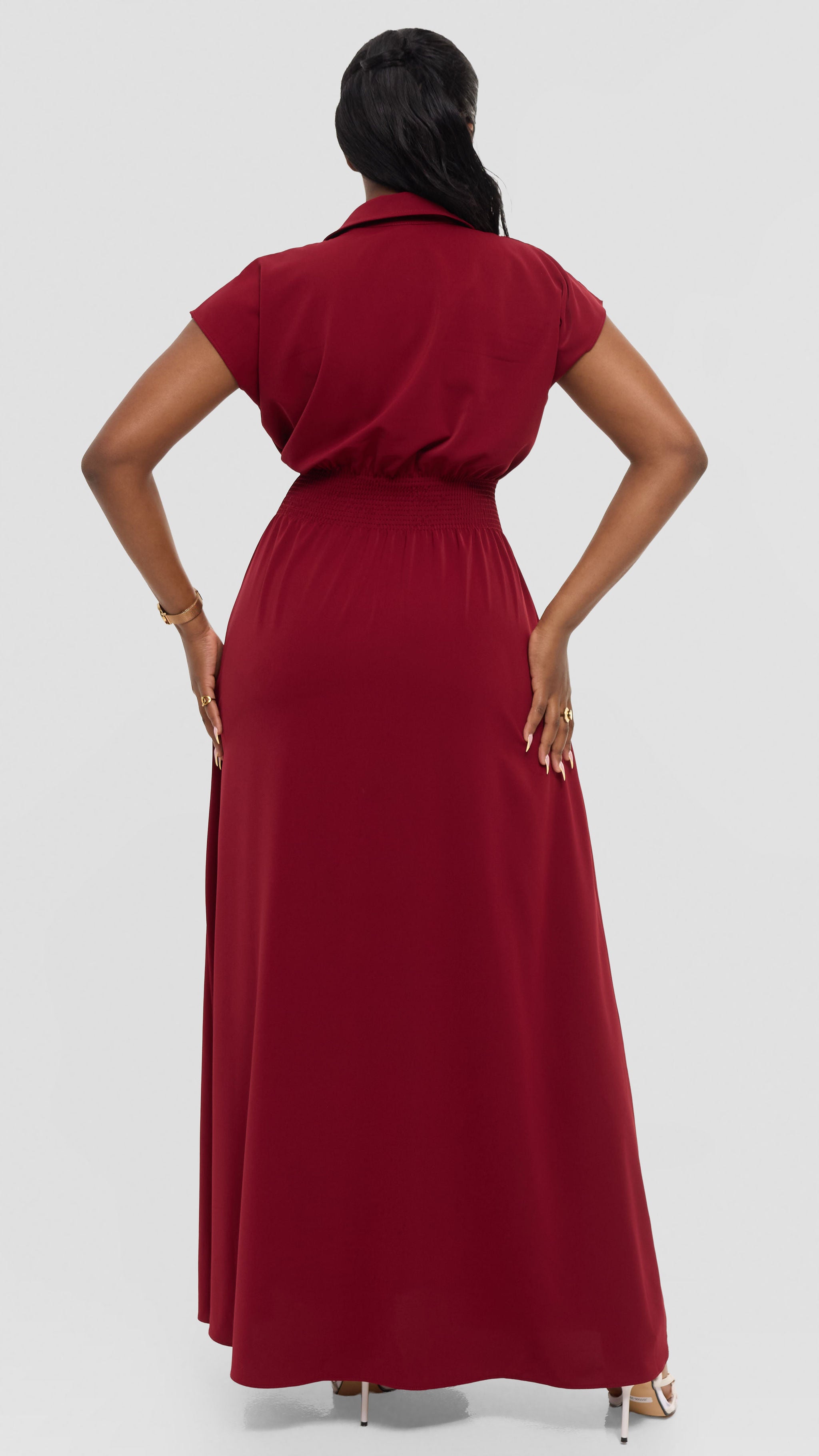 Vivo Zena Shirred Waist Maxi Shirt Dress in Crepe - Dark Red