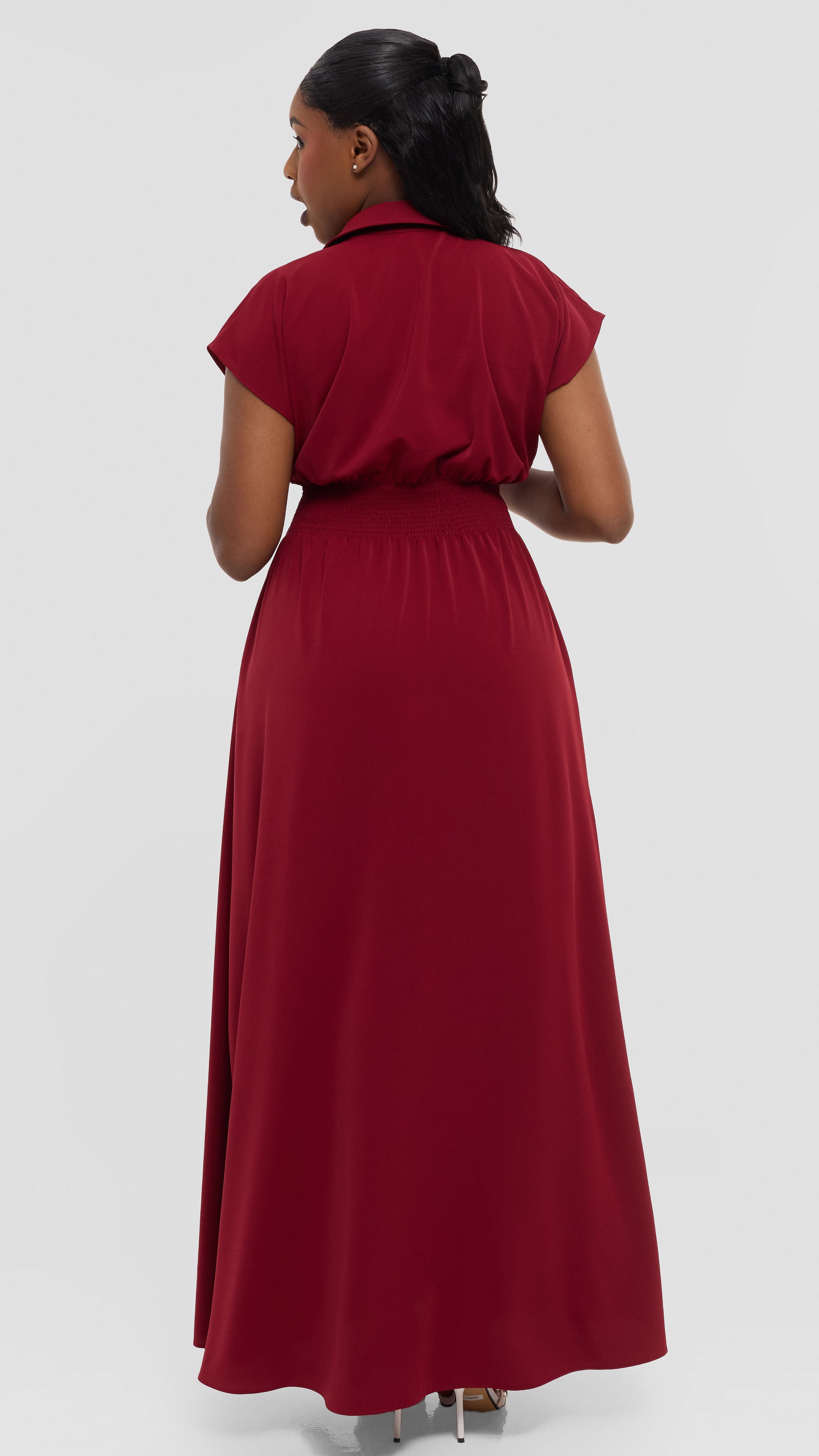 Vivo Zena Shirred Waist Maxi Shirt Dress in Crepe - Dark Red