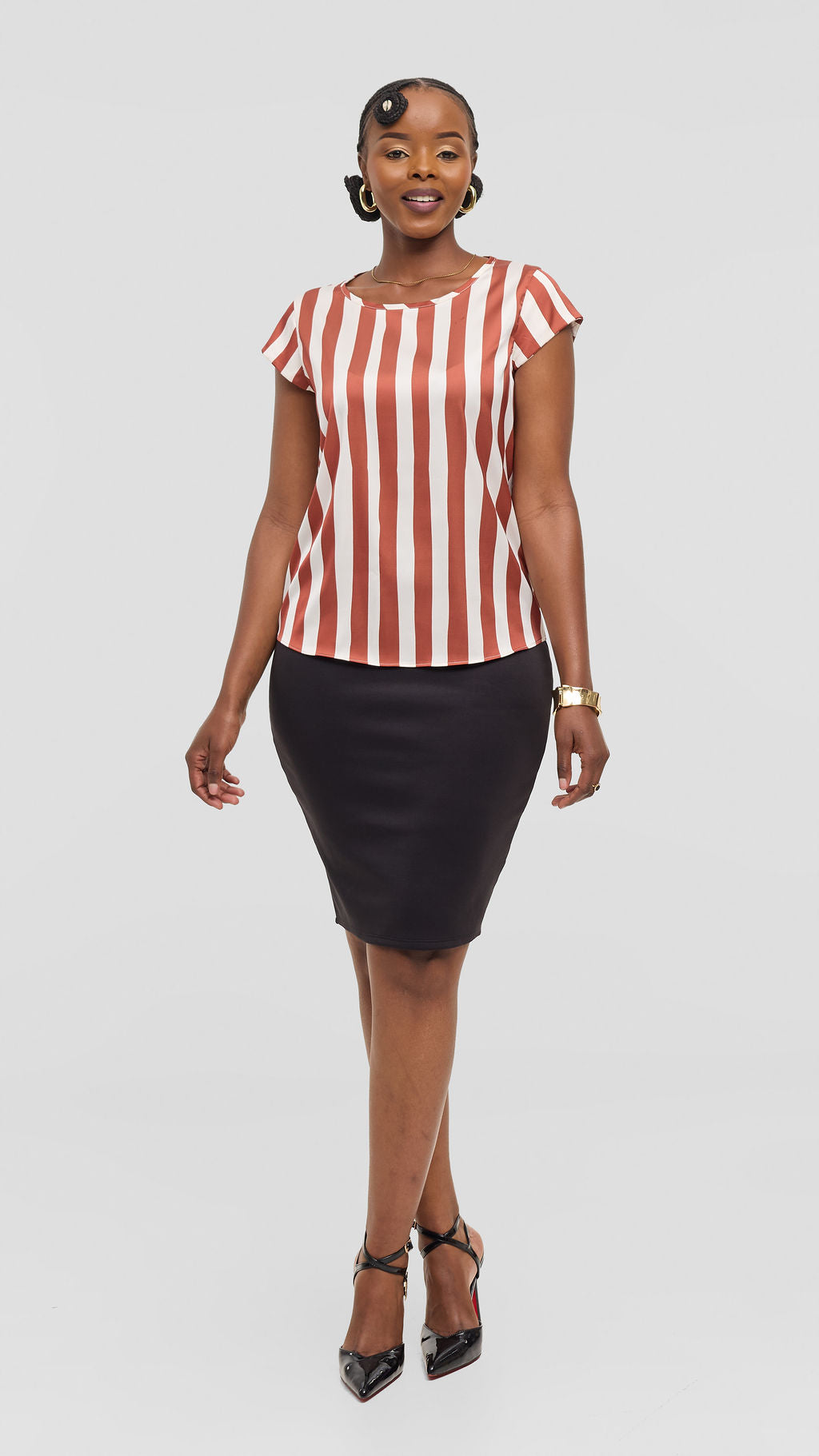 Vivo Basic Cap Sleeve Top in Satin - Off White / Rust Mani Print