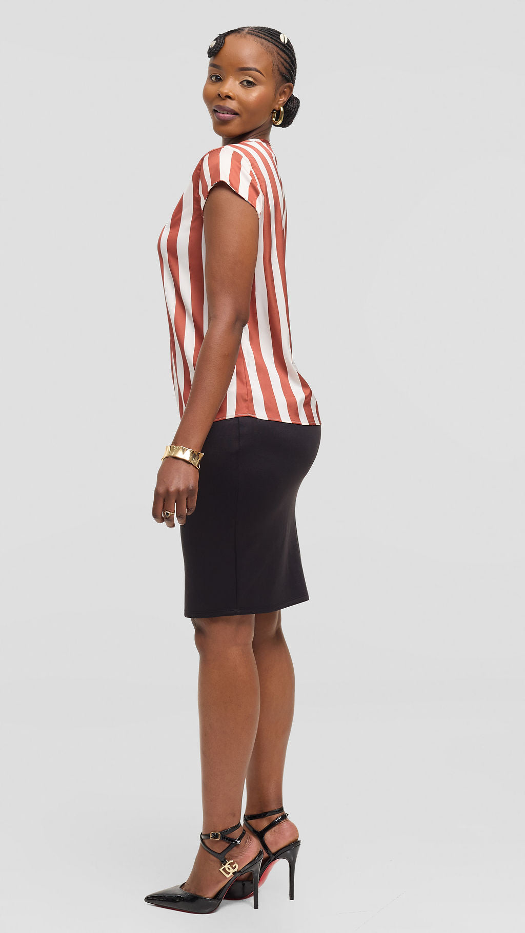 Vivo Basic Cap Sleeve Top in Satin - Off White / Rust Mani Print
