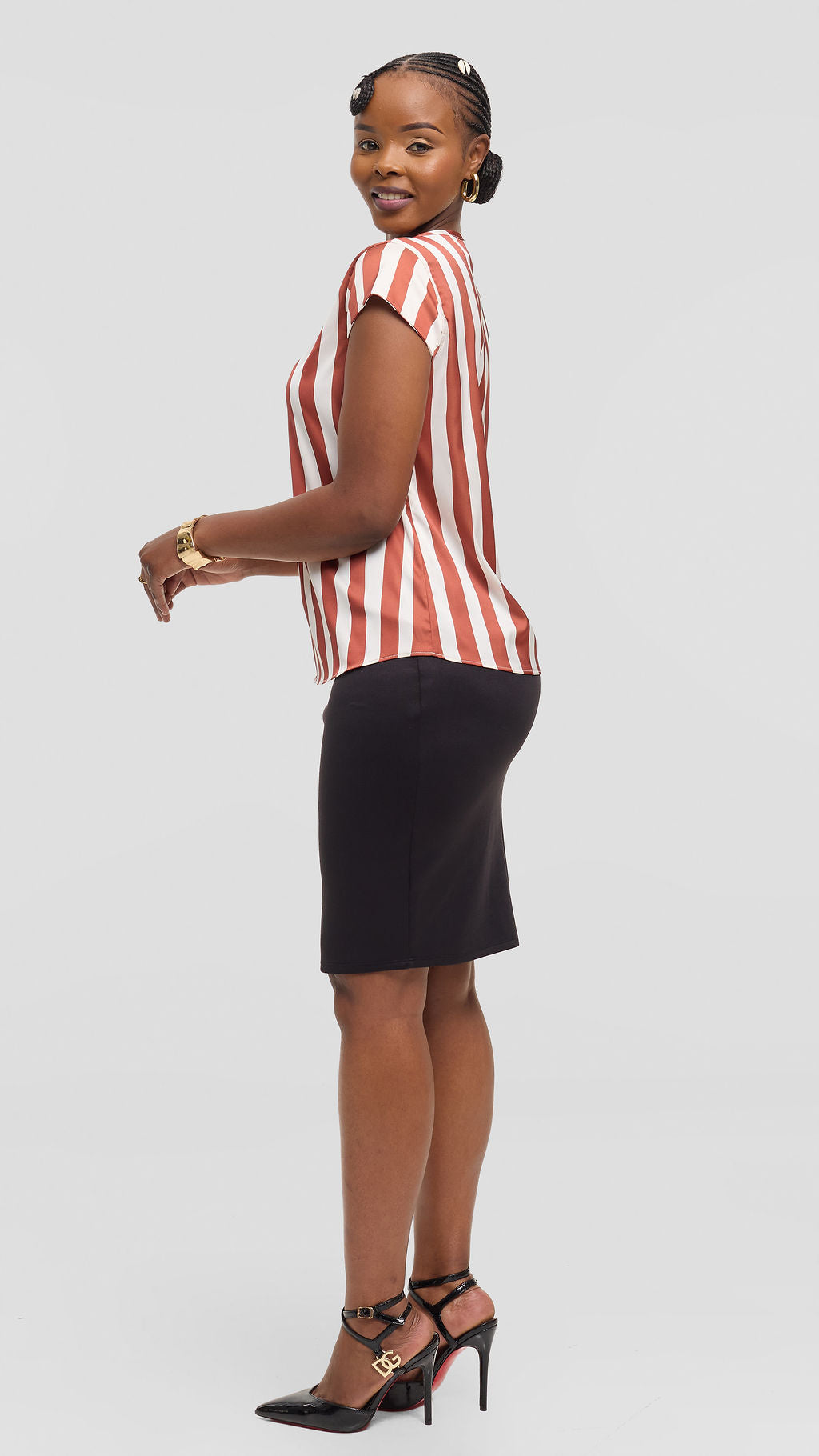 Vivo Basic Cap Sleeve Top in Satin - Off White / Rust Mani Print