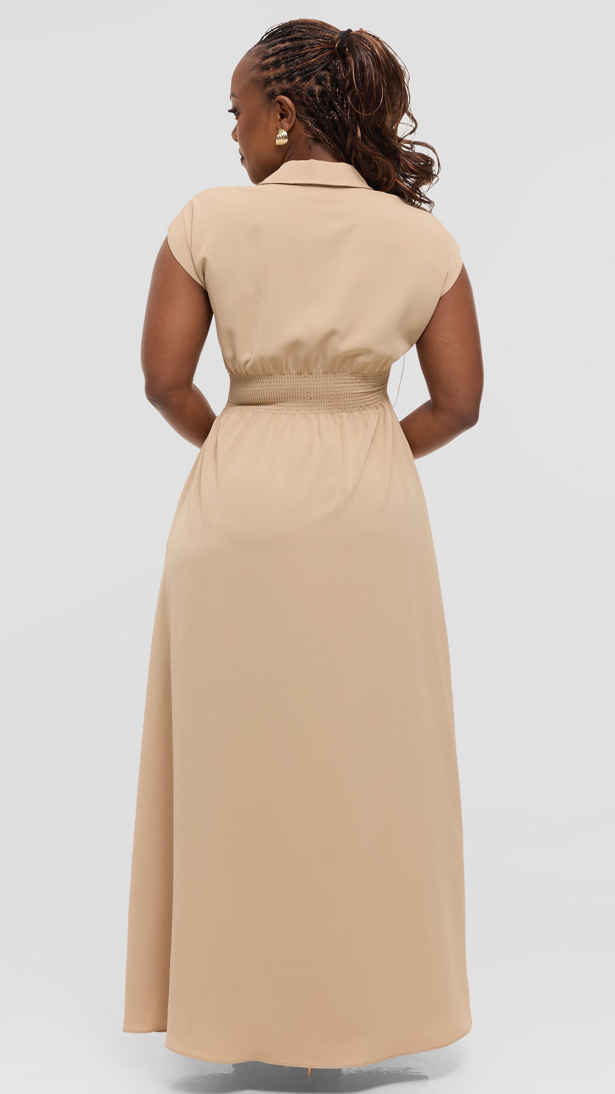 Vivo Zena Shirred Waist Maxi Shirt Dress in Crepe - Tan