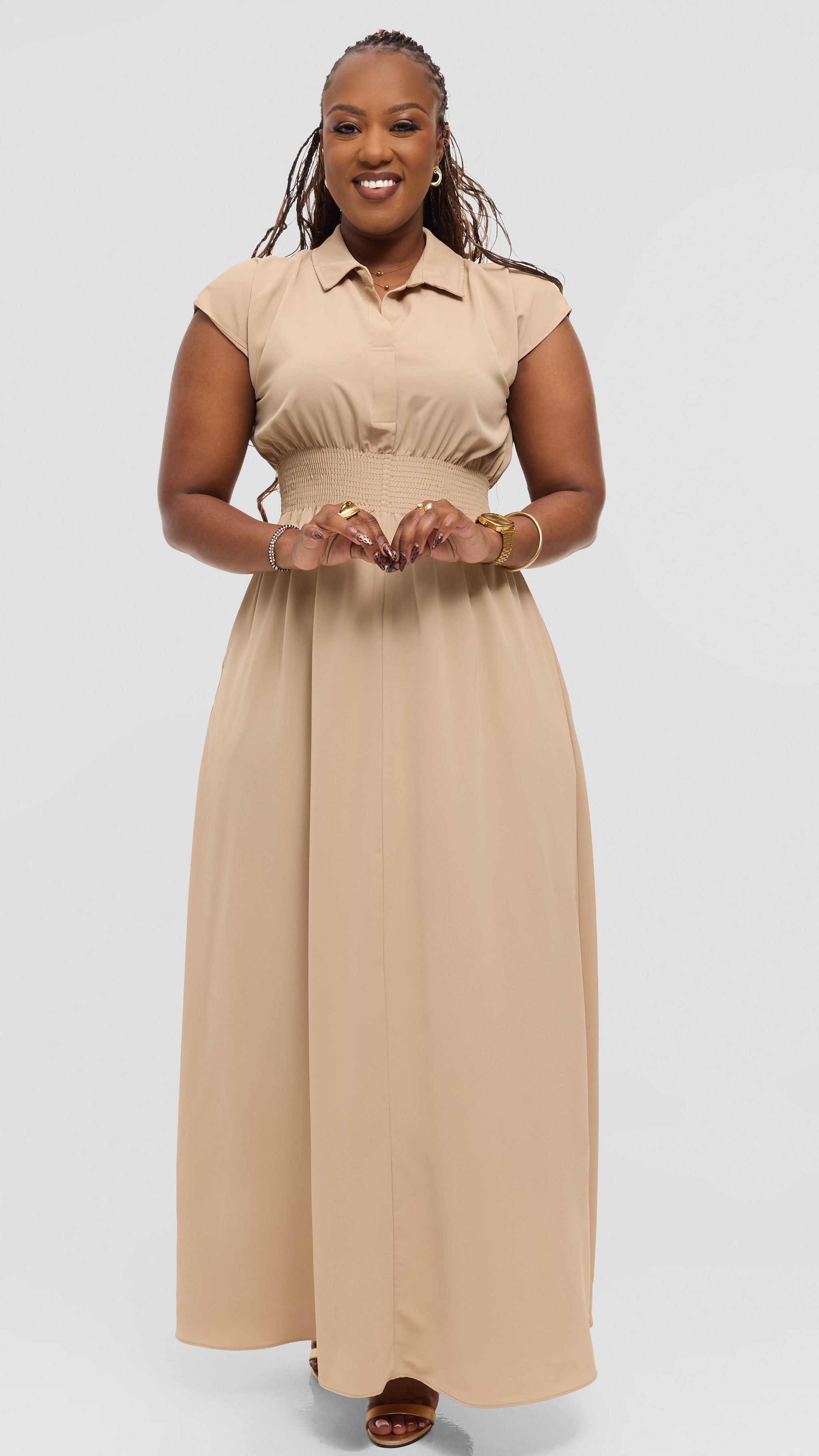 Vivo Zena Shirred Waist Maxi Shirt Dress in Crepe - Tan