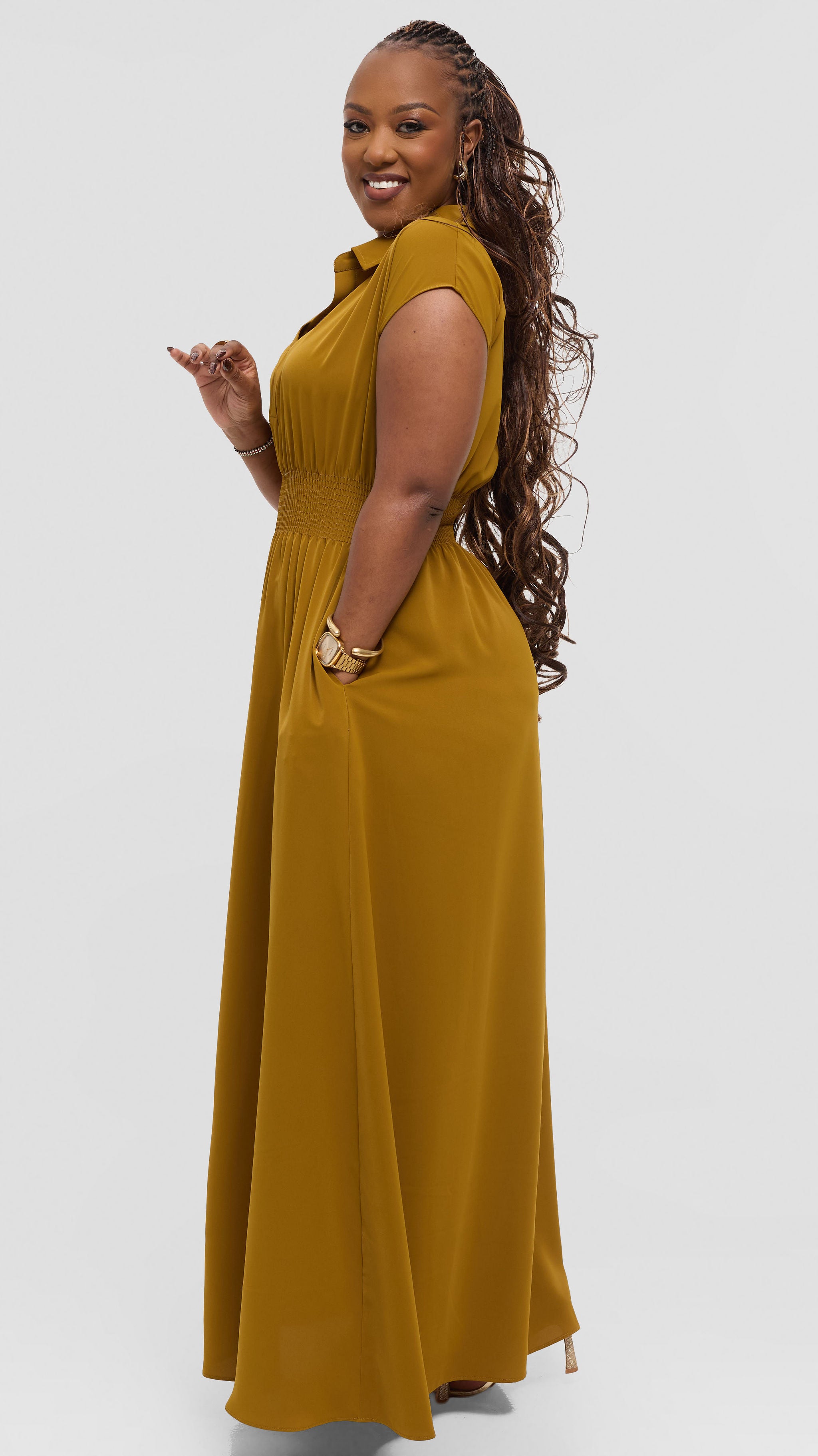 Vivo Zena Shirred Waist Maxi Shirt Dress in Crepe - Dark Olive