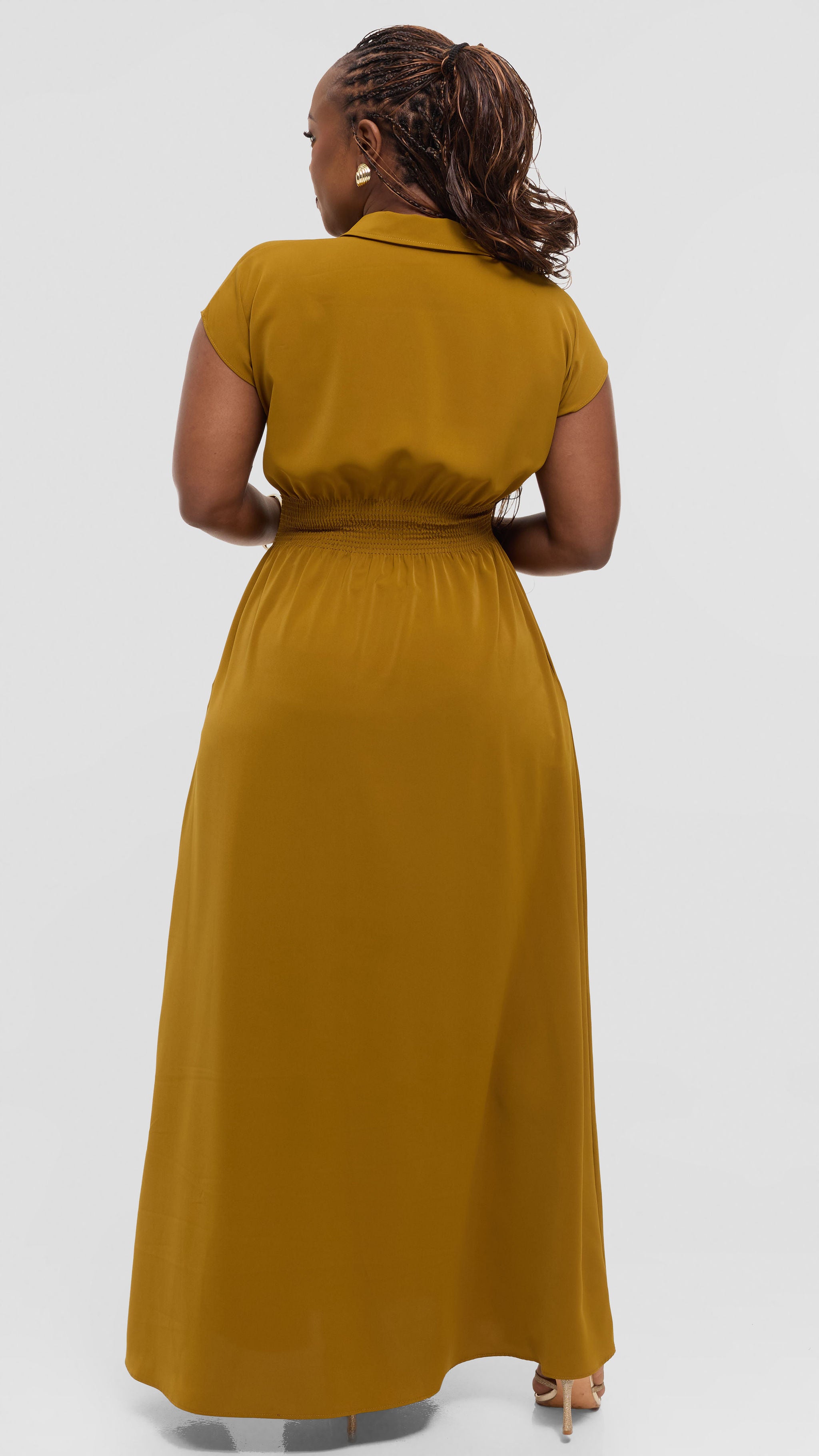 Vivo Zena Shirred Waist Maxi Shirt Dress in Crepe - Dark Olive