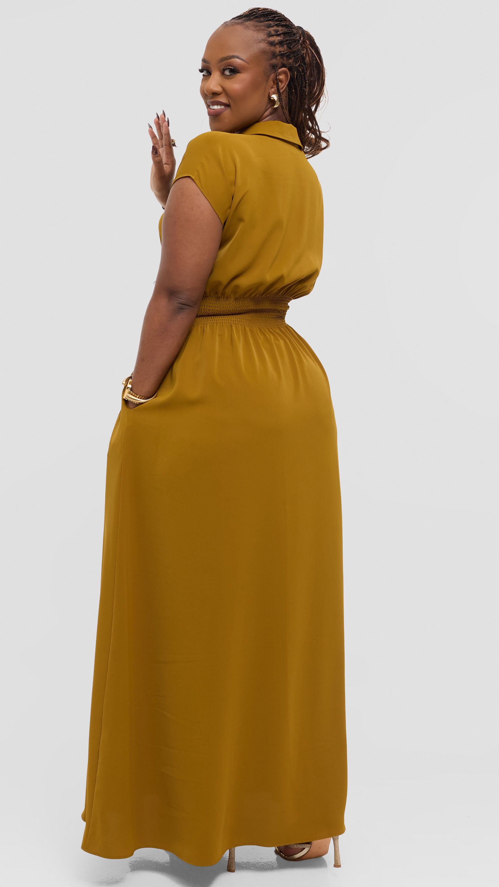 Vivo Zena Shirred Waist Maxi Shirt Dress in Crepe - Dark Olive