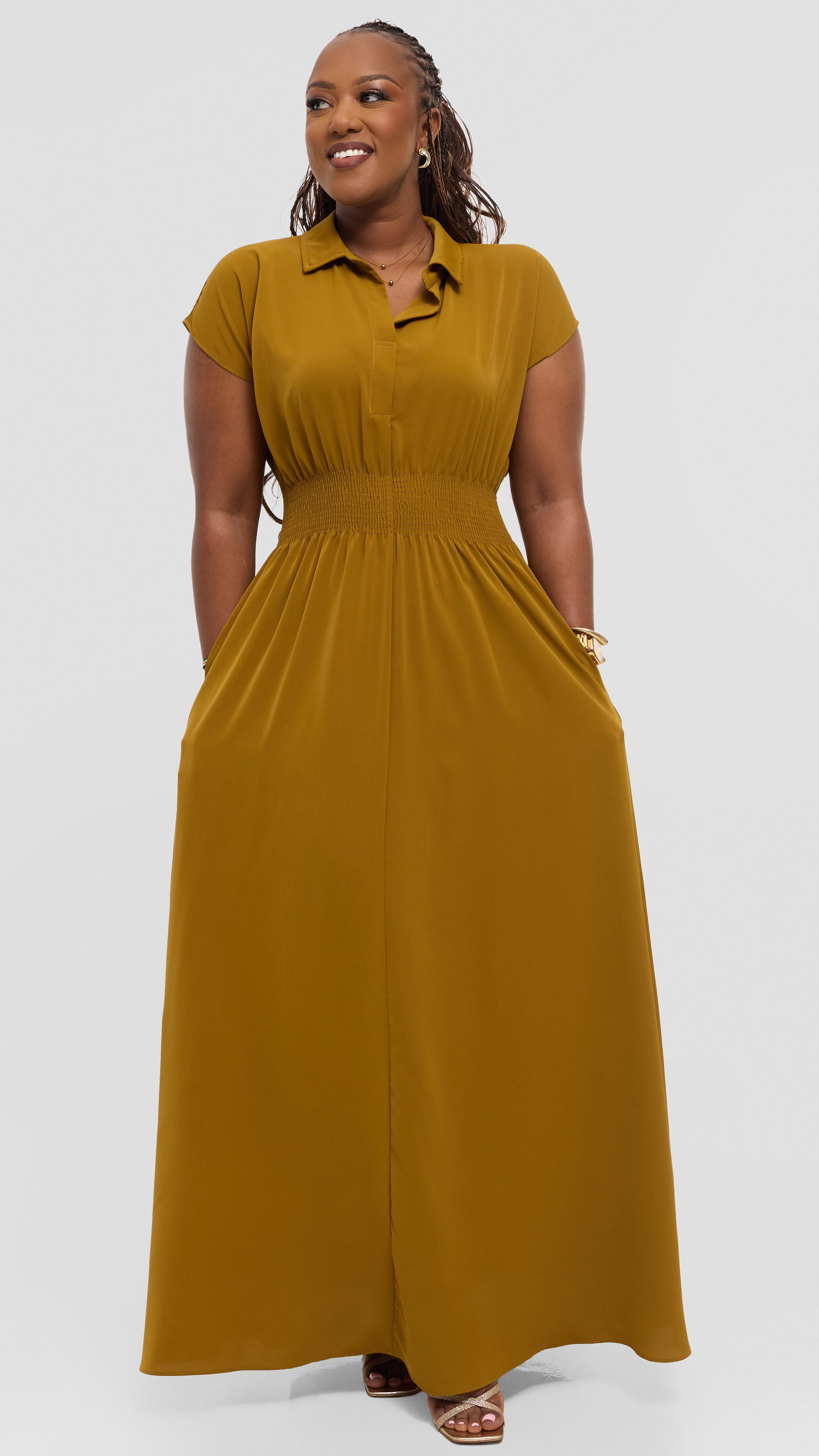 Vivo Zena Shirred Waist Maxi Shirt Dress in Crepe - Dark Olive