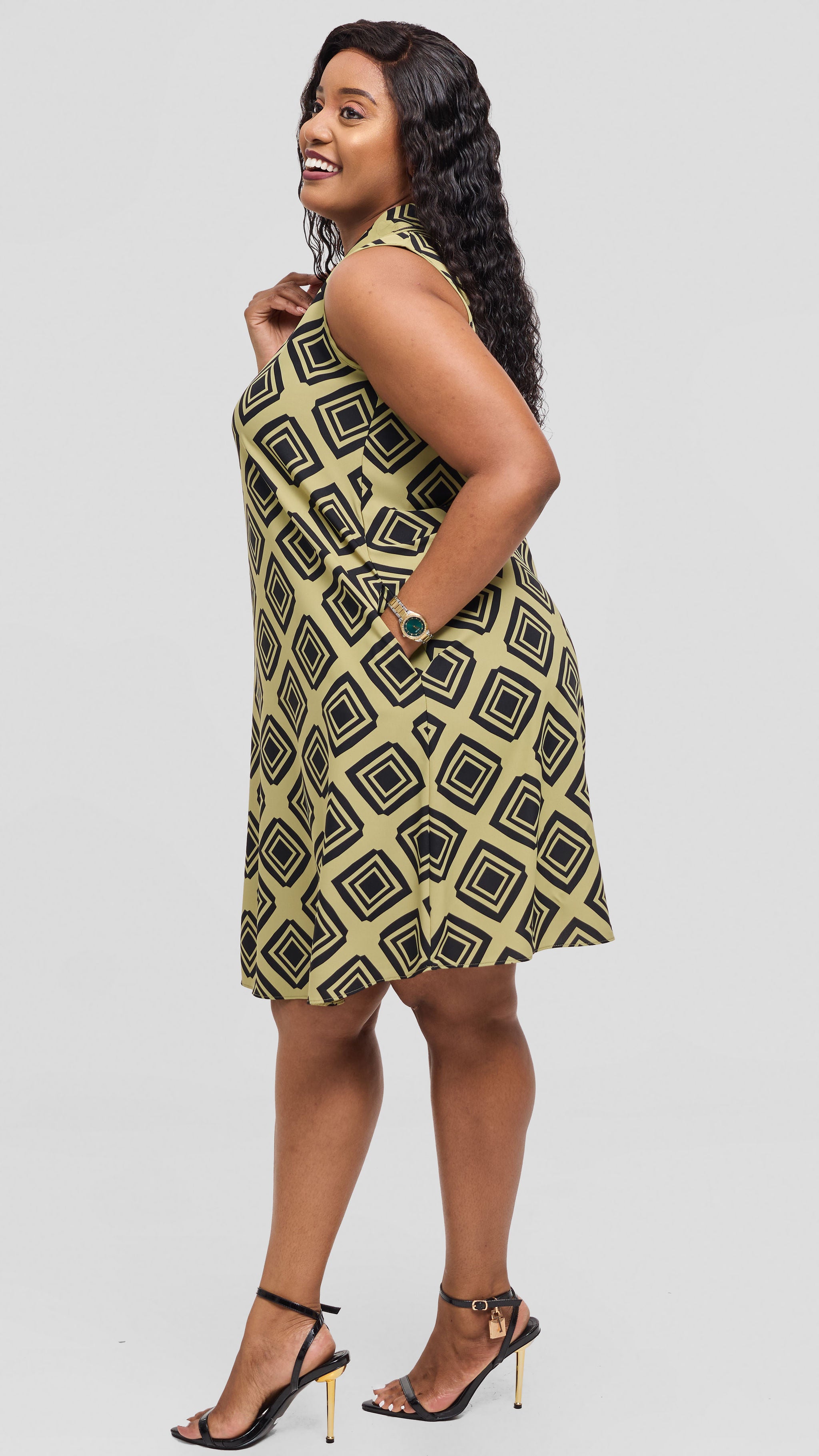 Vivo Asha Sleeveless Knee Length Dress In Crepe - Olive Green / Black Tori Print