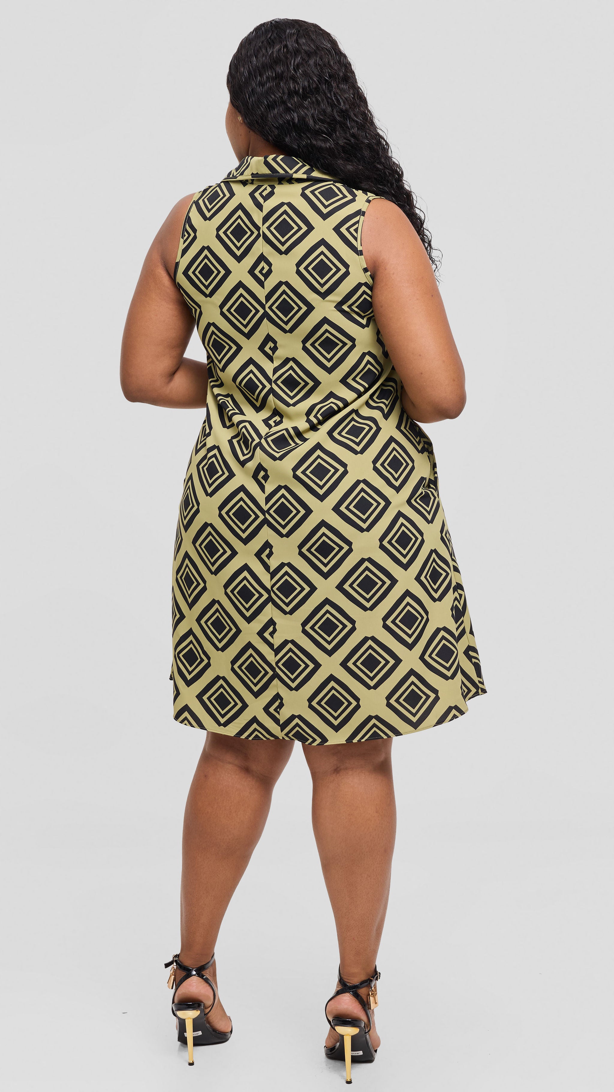 Vivo Asha Sleeveless Knee Length Dress In Crepe - Olive Green / Black Tori Print