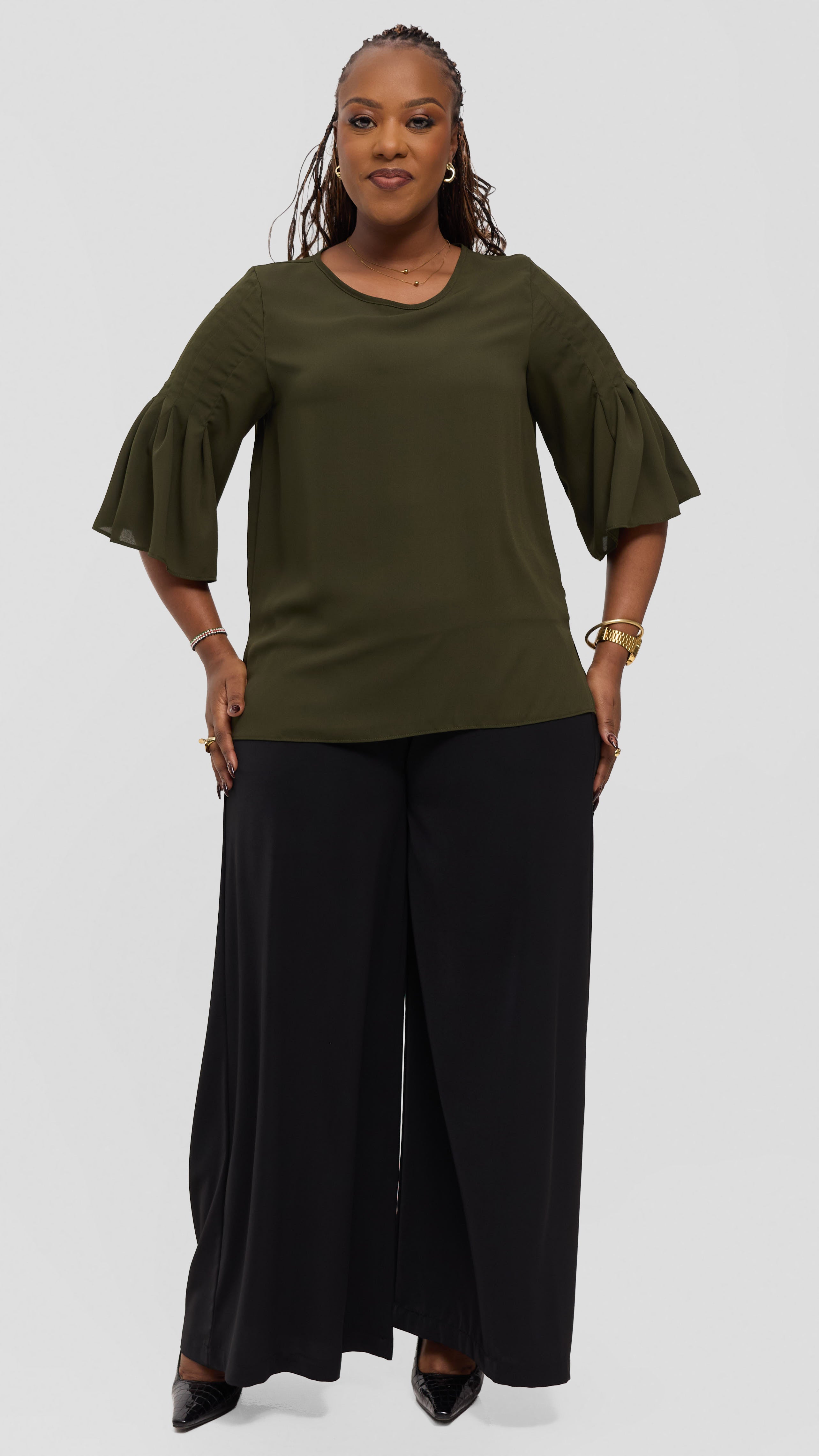 Vivo Pleated Sleeve Top in Chiffon - Dark Olive Green