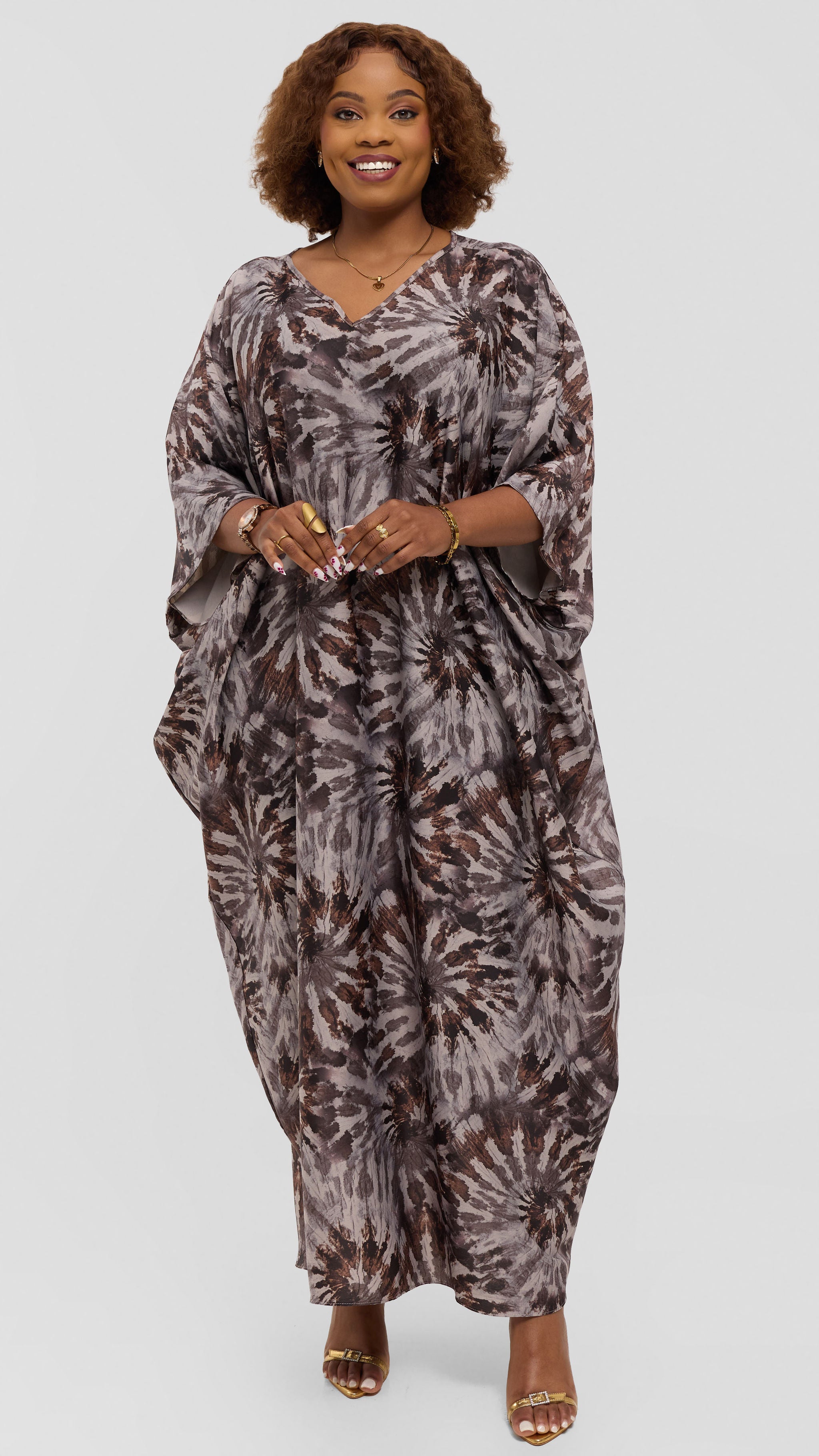 Vivo Keza V-Neck Maxi Kaftan in Satin - Light Beige / Brown Print