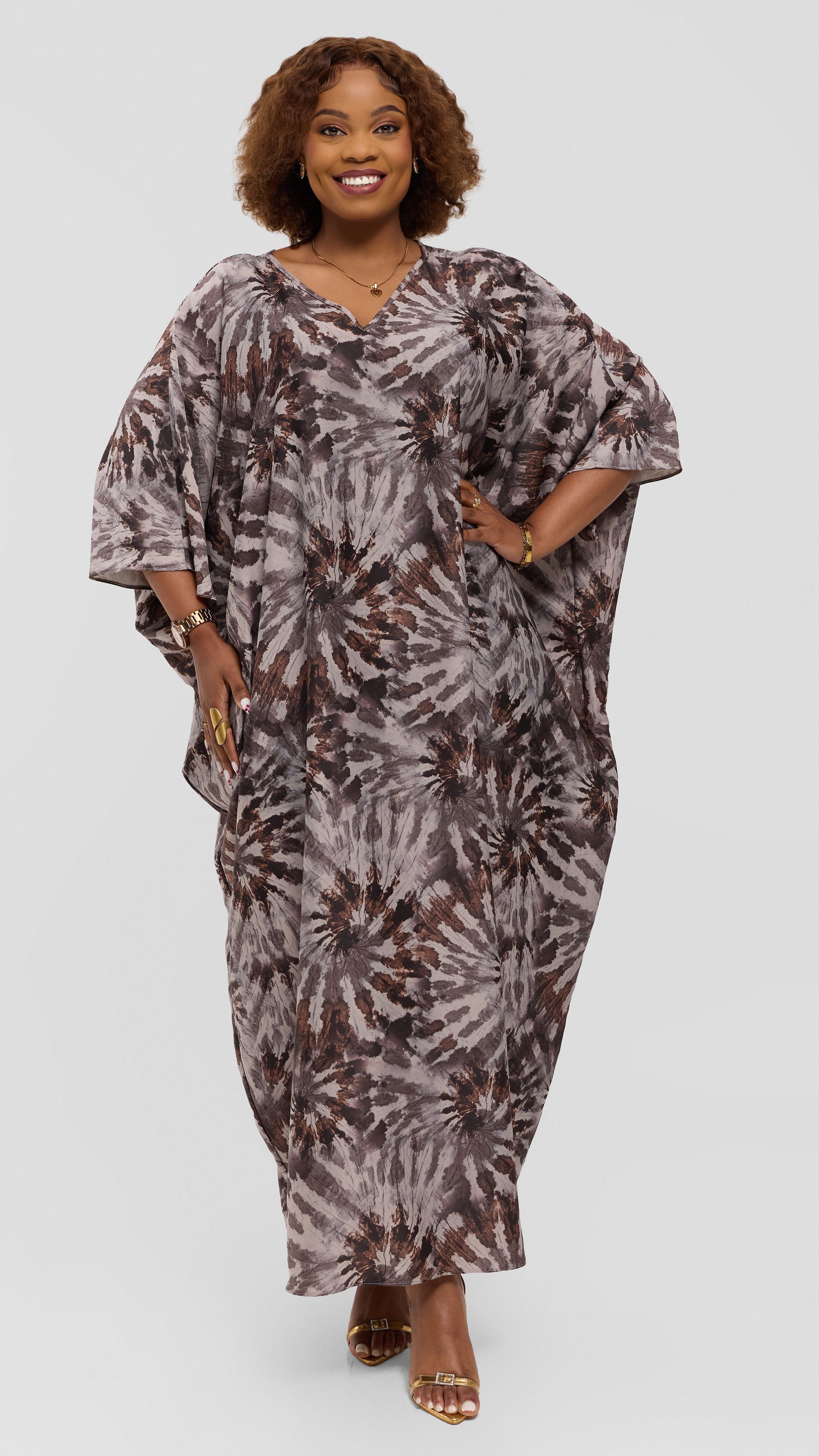 Vivo Keza V-Neck Maxi Kaftan in Satin - Light Beige / Brown Print