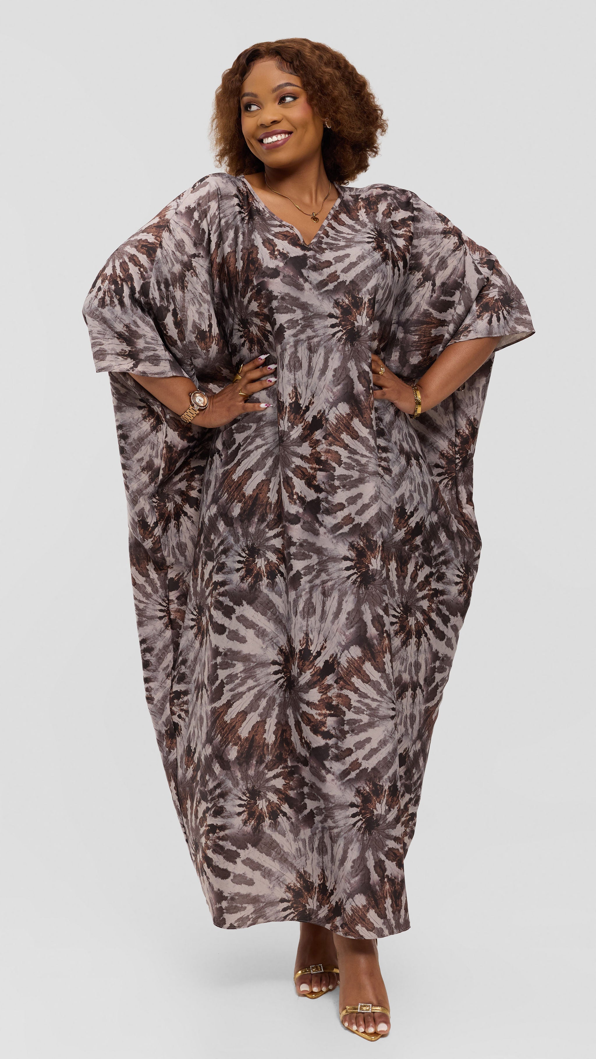 Vivo Keza V-Neck Maxi Kaftan in Satin - Light Beige / Brown Print