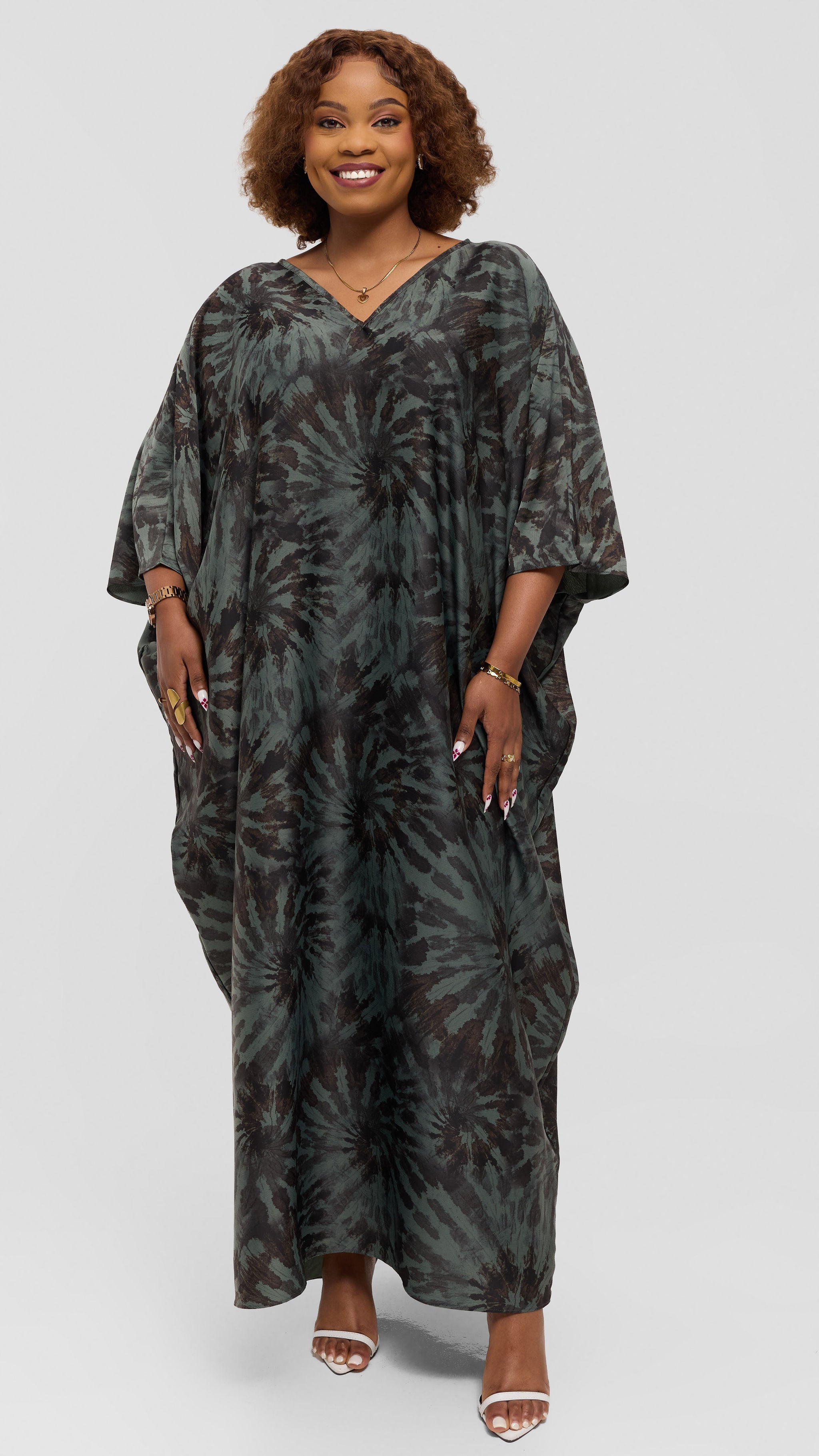 Vivo Keza V-Neck Maxi Kaftan in Satin - Mint Green / Brown Print