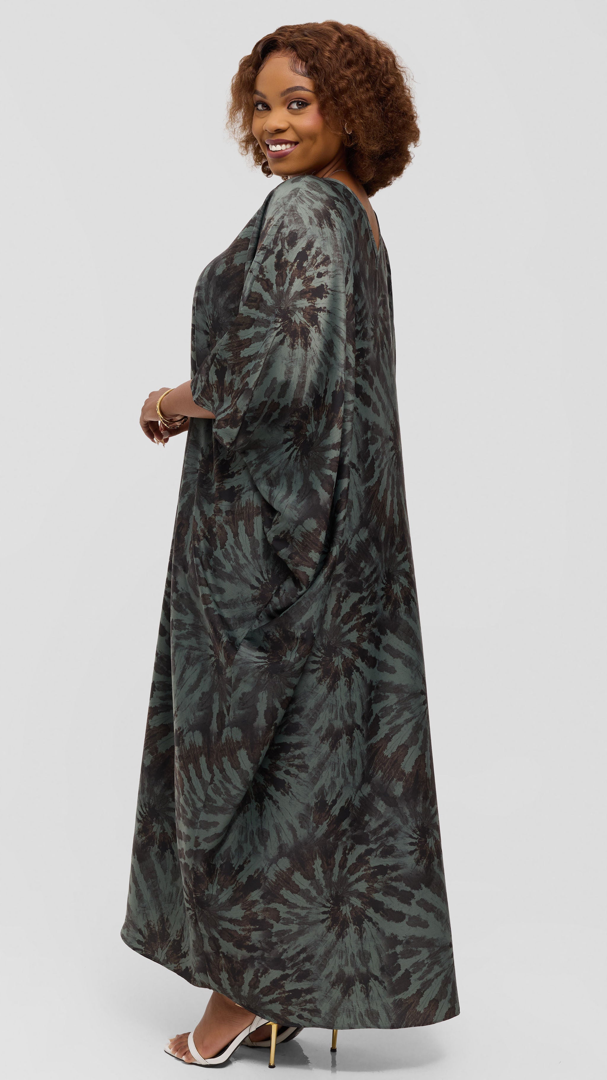 Vivo Keza V-Neck Maxi Kaftan in Satin - Mint Green / Brown Print