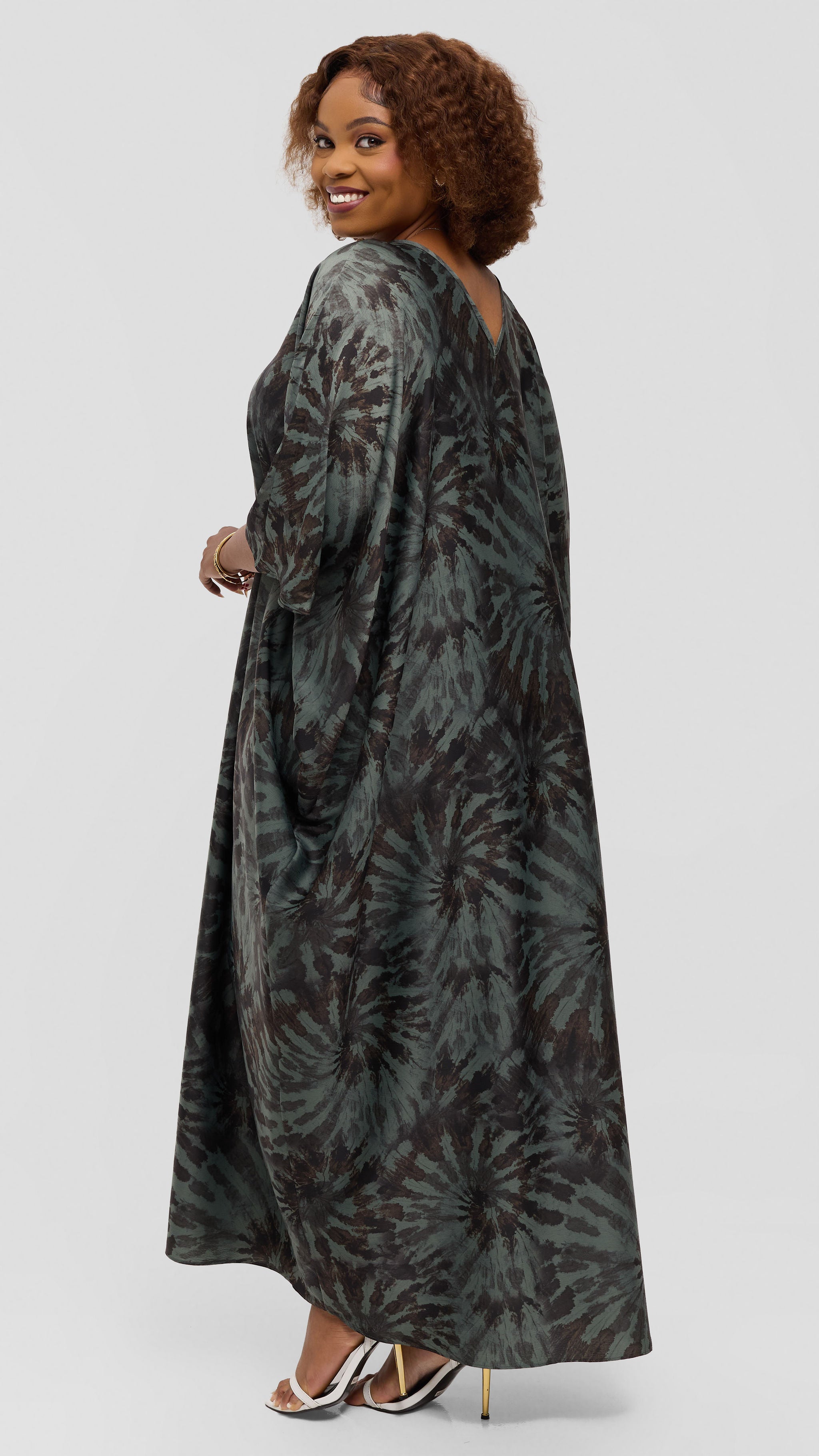 Vivo Keza V-Neck Maxi Kaftan in Satin - Mint Green / Brown Print