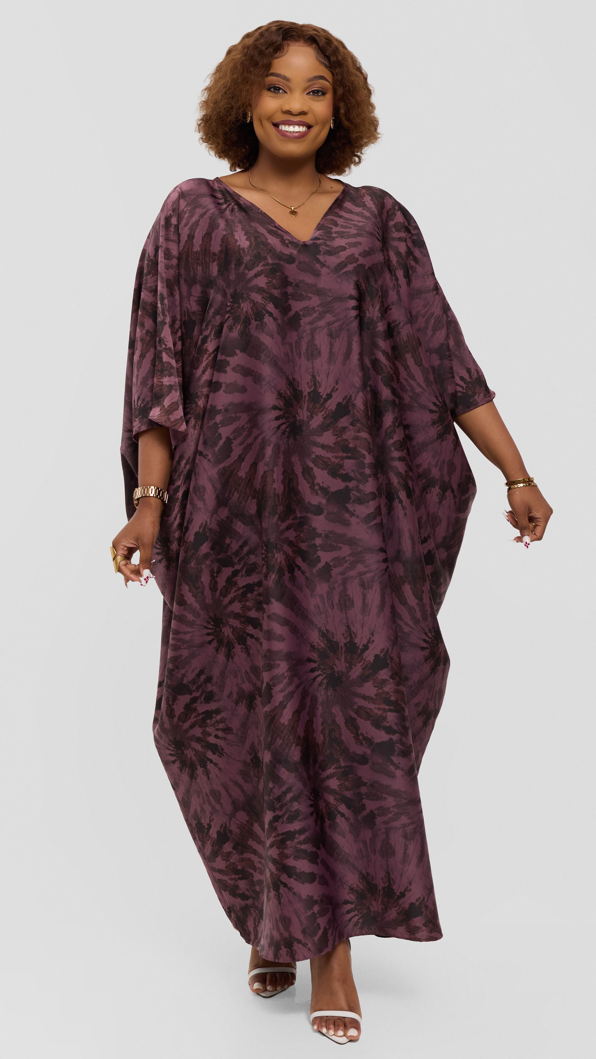 Vivo Keza V-Neck Maxi Kaftan in Satin - Rose Pink / Brown Print
