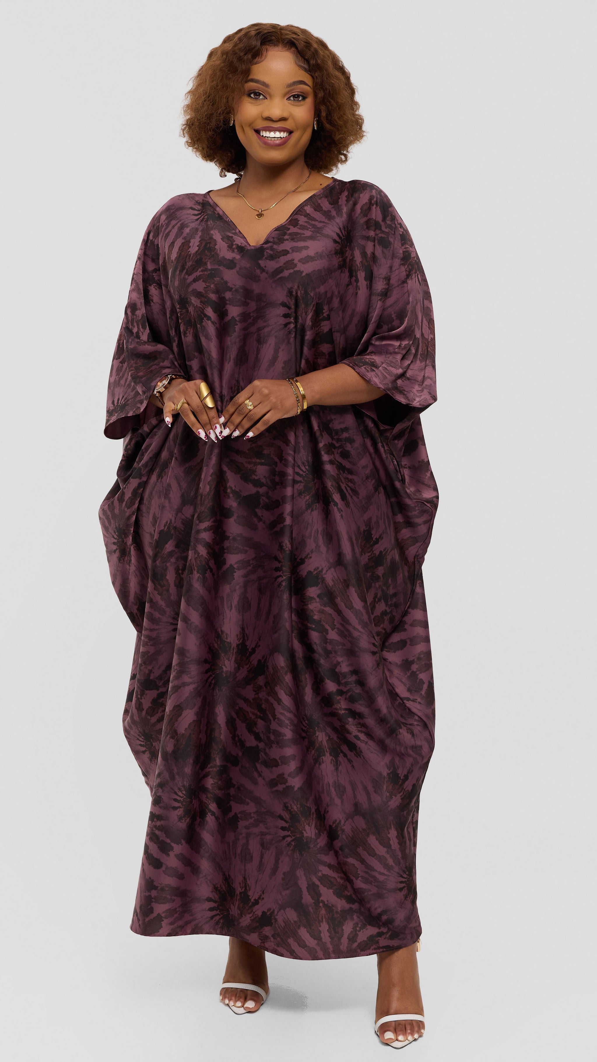 Vivo Keza V-Neck Maxi Kaftan in Satin - Rose Pink / Brown Print