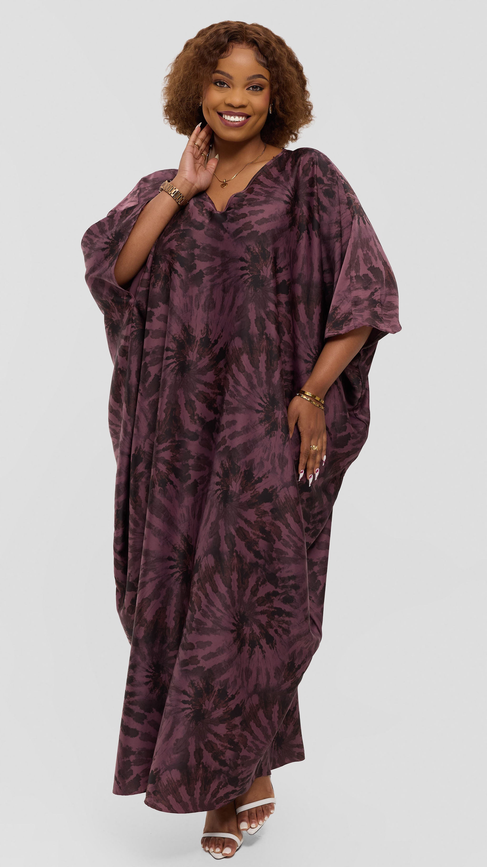 Vivo Keza V-Neck Maxi Kaftan in Satin - Rose Pink / Brown Print