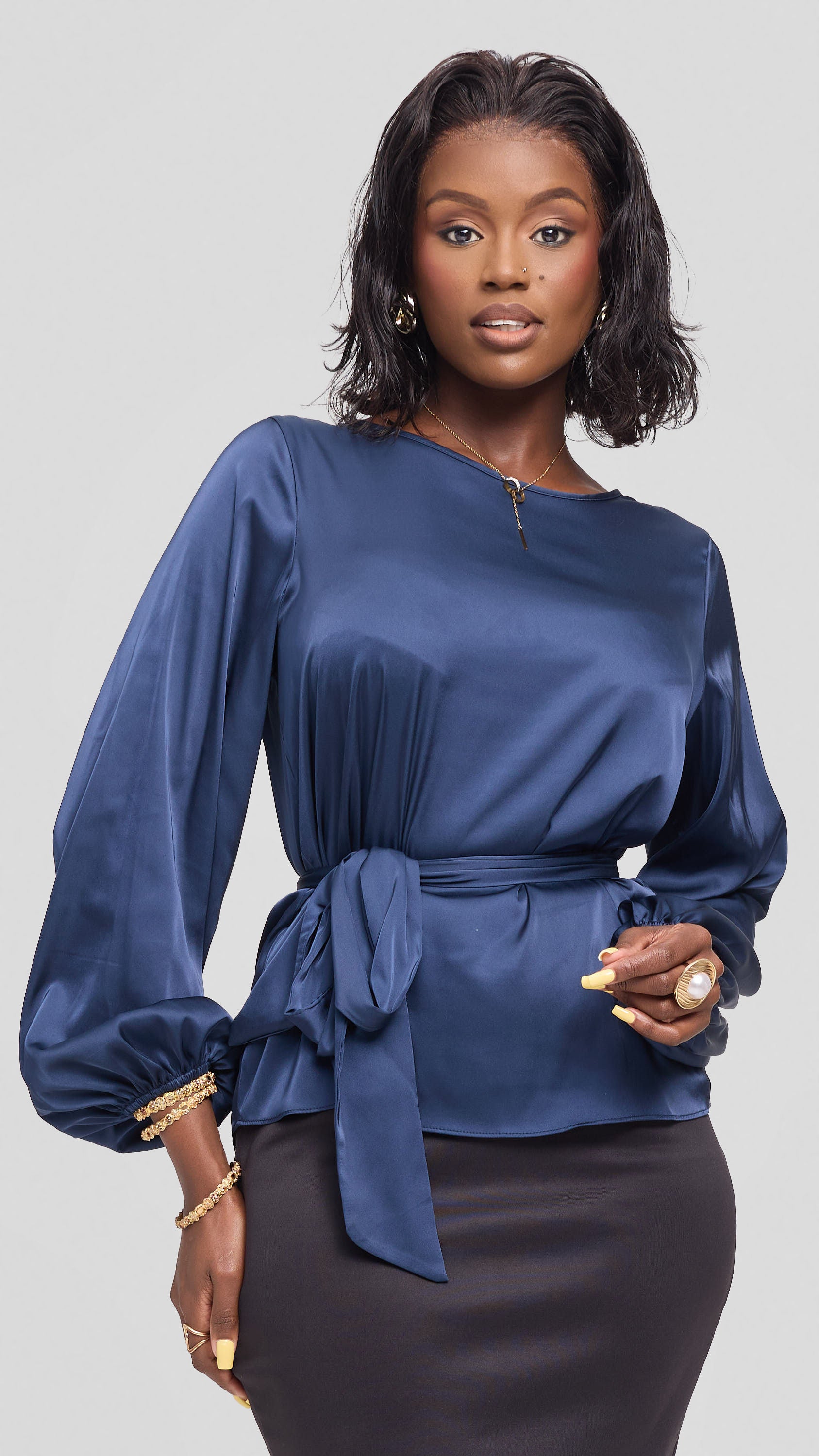 Vivo Basic Bishop Sleeve Top in Satin - Navy Blue