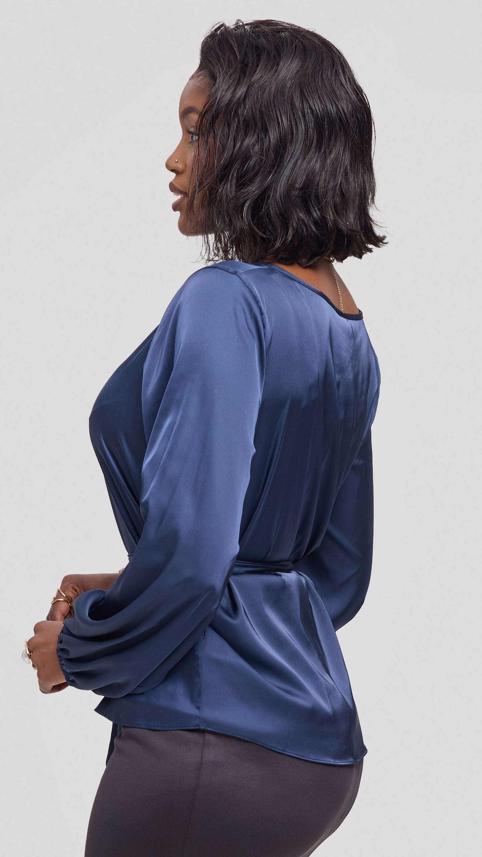Vivo Basic Bishop Sleeve Top in Satin - Navy Blue