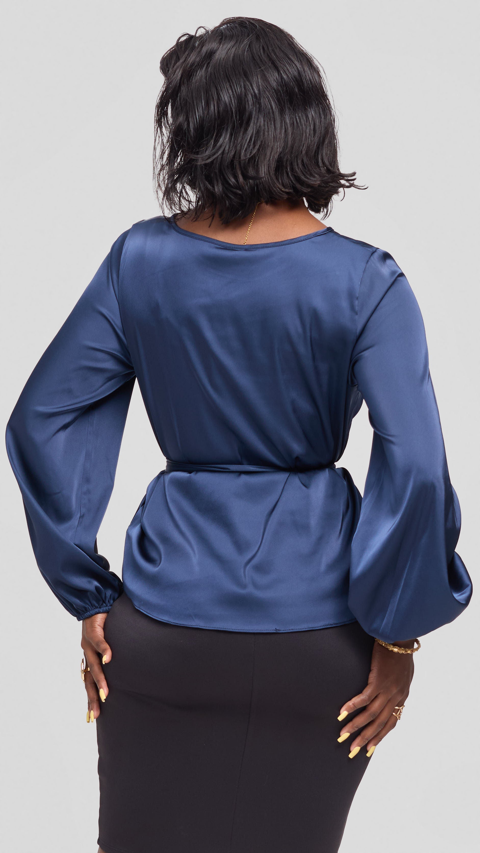 Vivo Basic Bishop Sleeve Top in Satin - Navy Blue