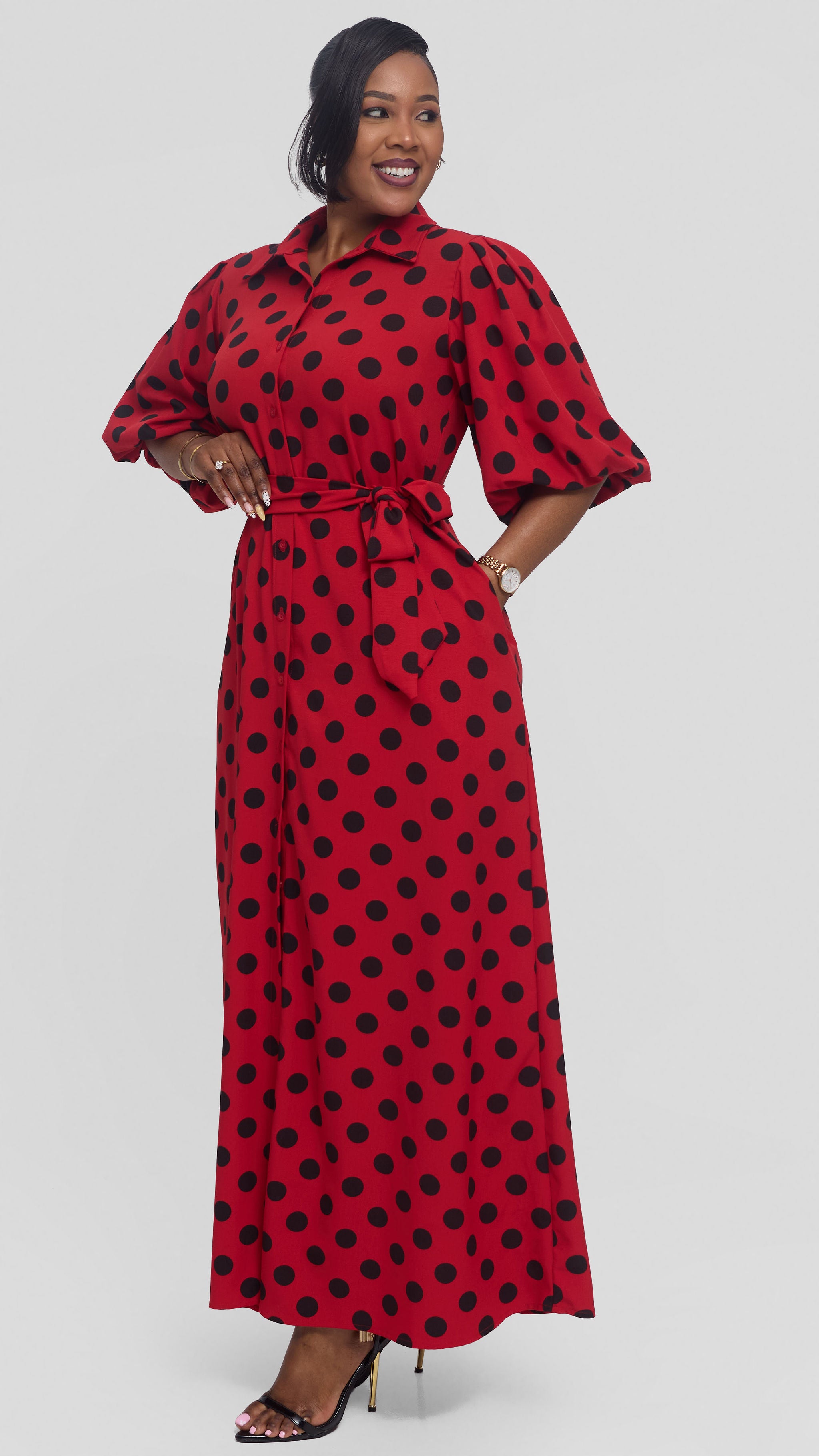 Vivo Esna Bubble Sleeve Maxi Dress in Crepe - Red / Black Polka Dot