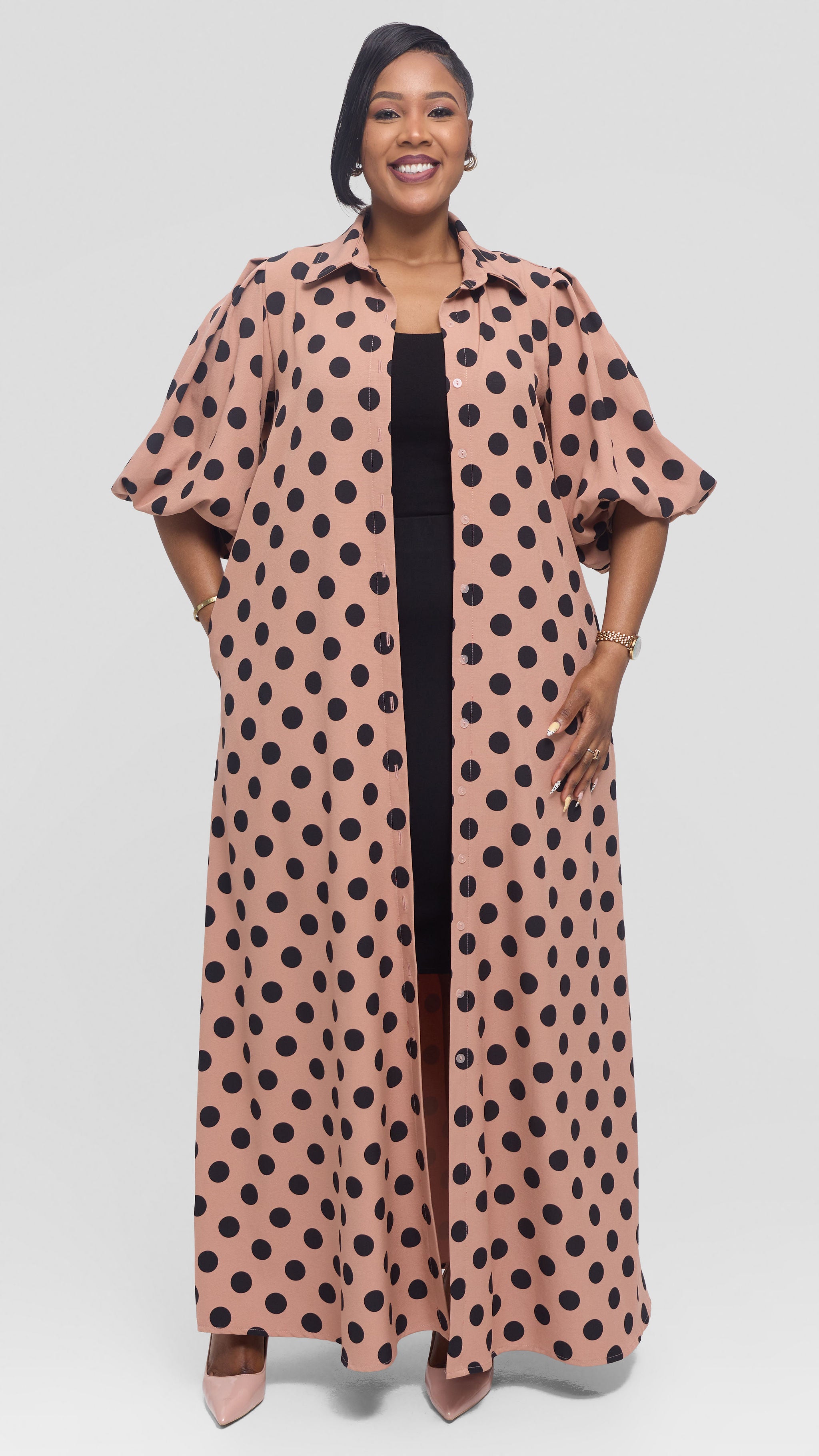 Vivo Esna Bubble Sleeve Maxi Dress in Crepe - Rose Pink / Black Polka Dot