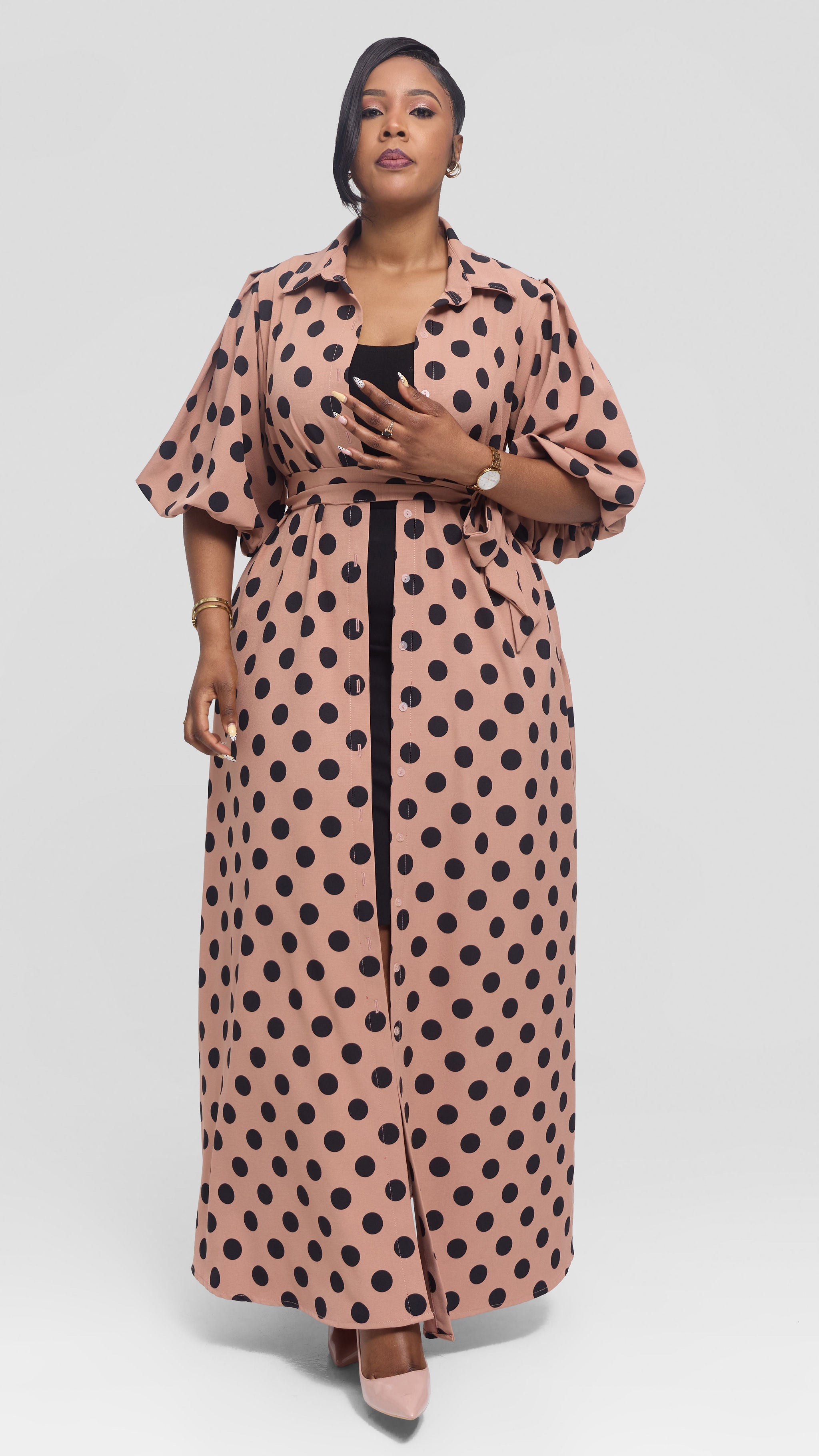 Vivo Esna Bubble Sleeve Maxi Dress in Crepe - Rose Pink / Black Polka Dot