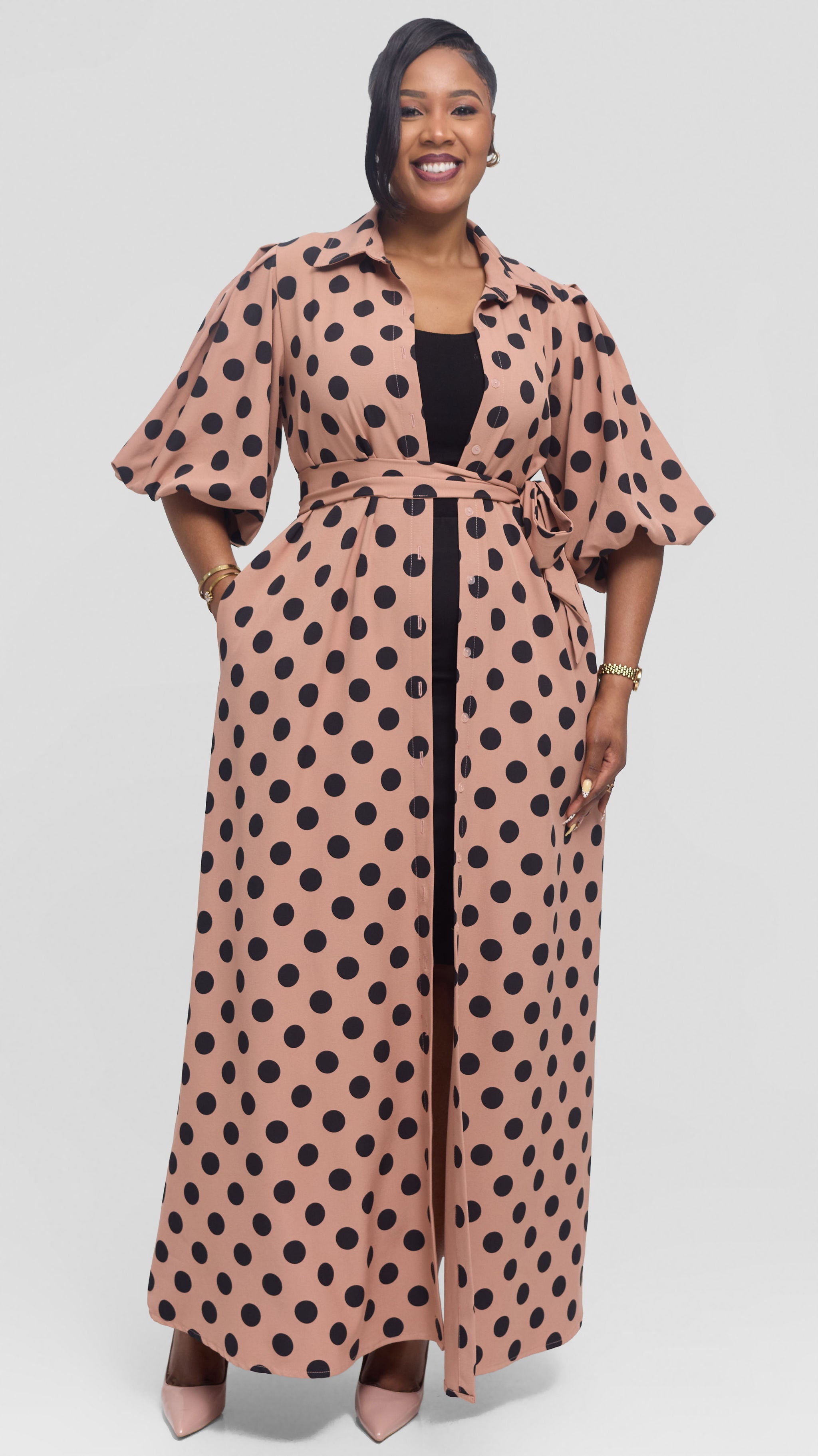 Vivo Esna Bubble Sleeve Maxi Dress in Crepe - Rose Pink / Black Polka Dot