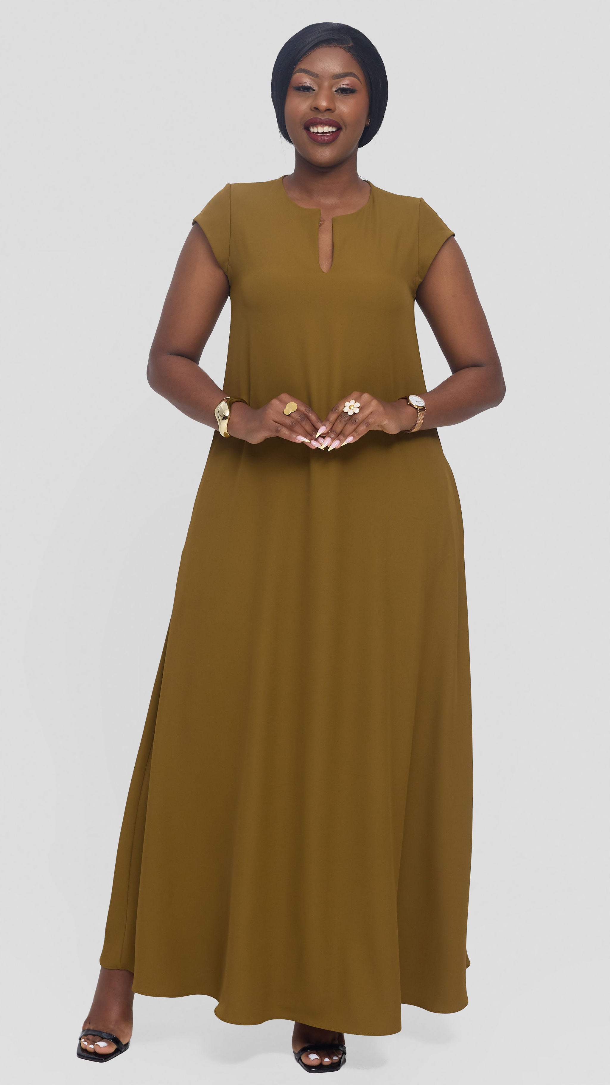 Vivo Zola V-Neck Maxi Dress in Crepe - Olive