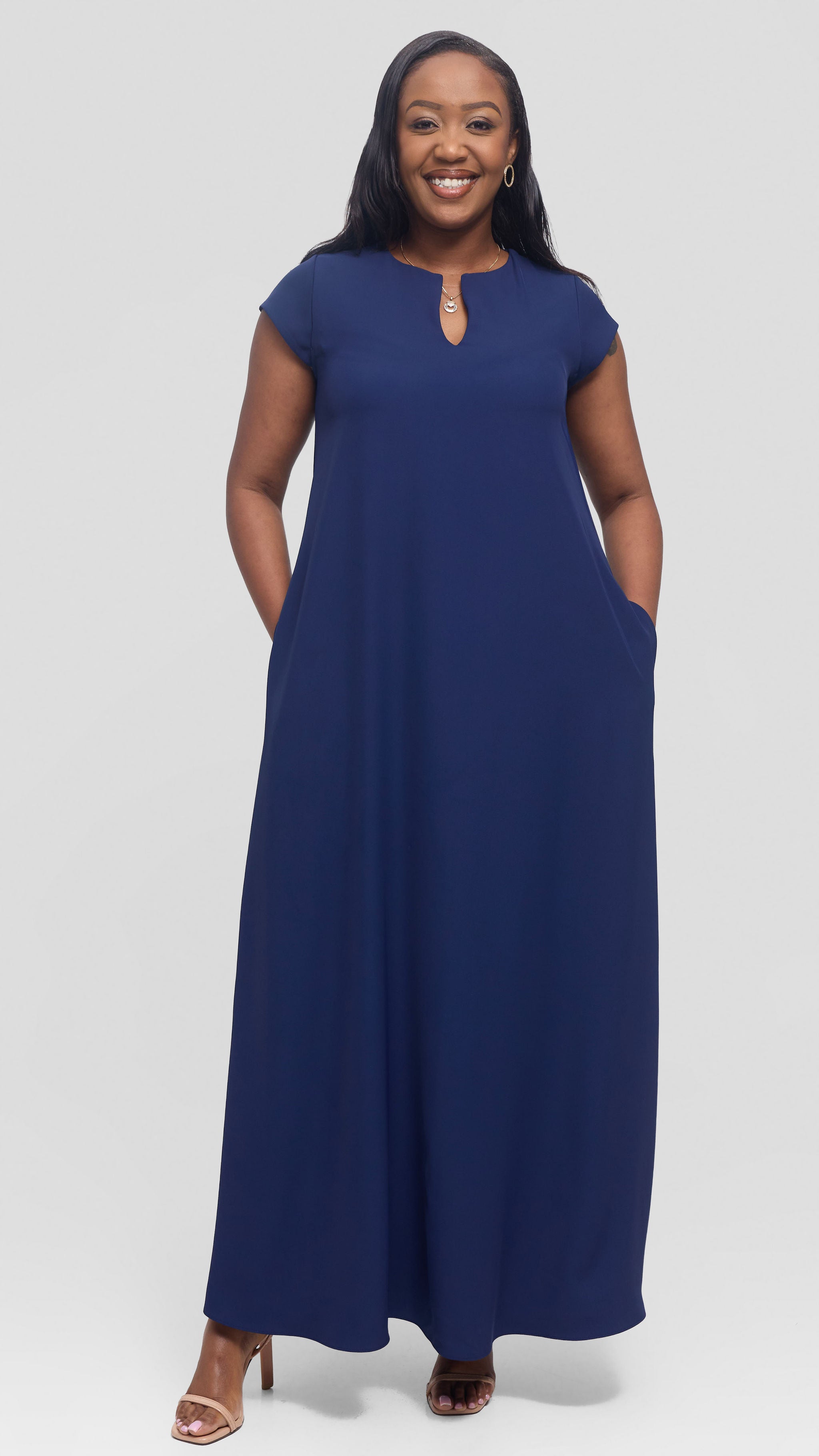 Vivo Zola V-Neck Maxi Dress in Crepe - Navy Blue
