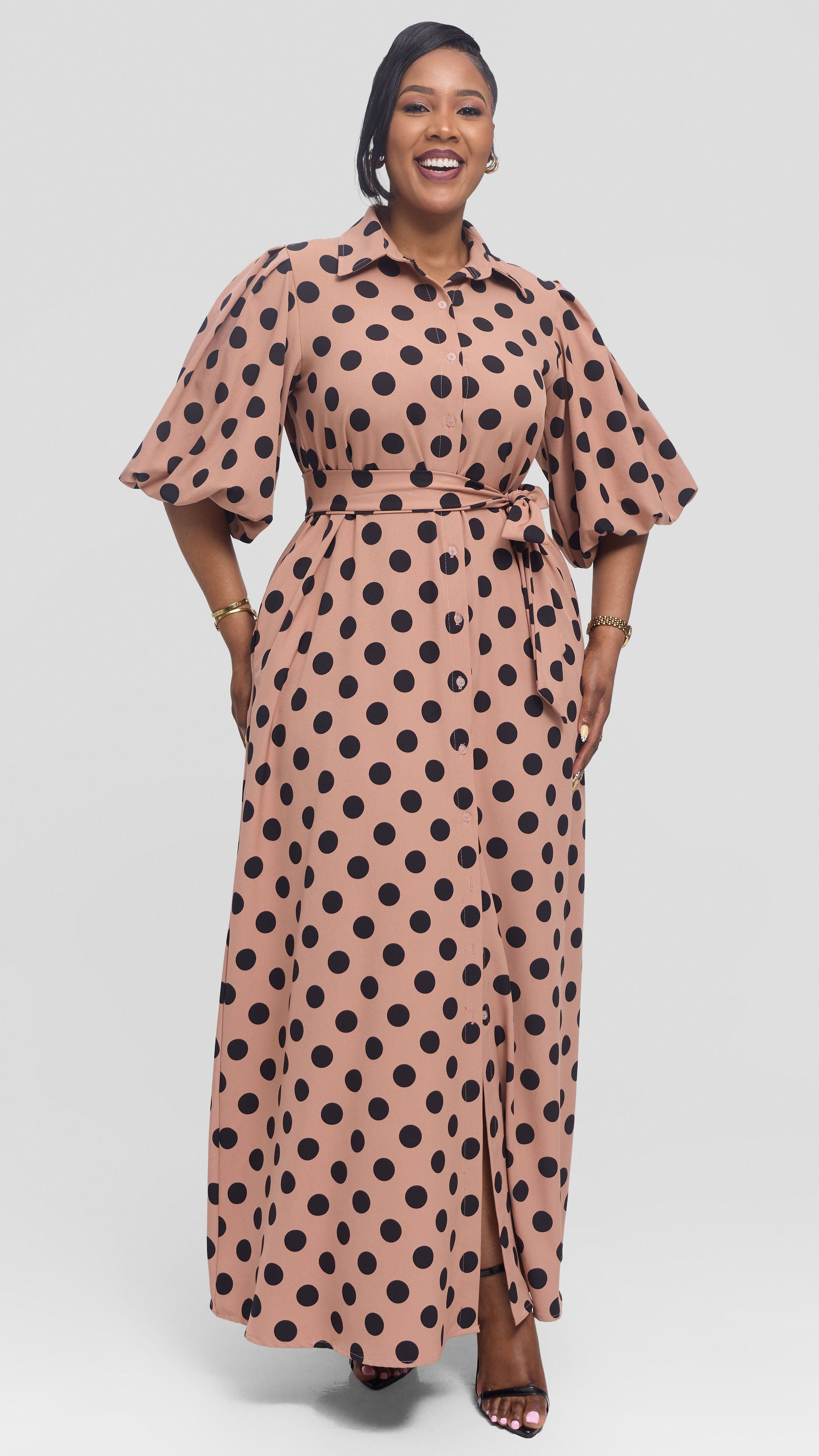 Vivo Esna Bubble Sleeve Maxi Dress in Crepe - Rose Pink / Black Polka Dot