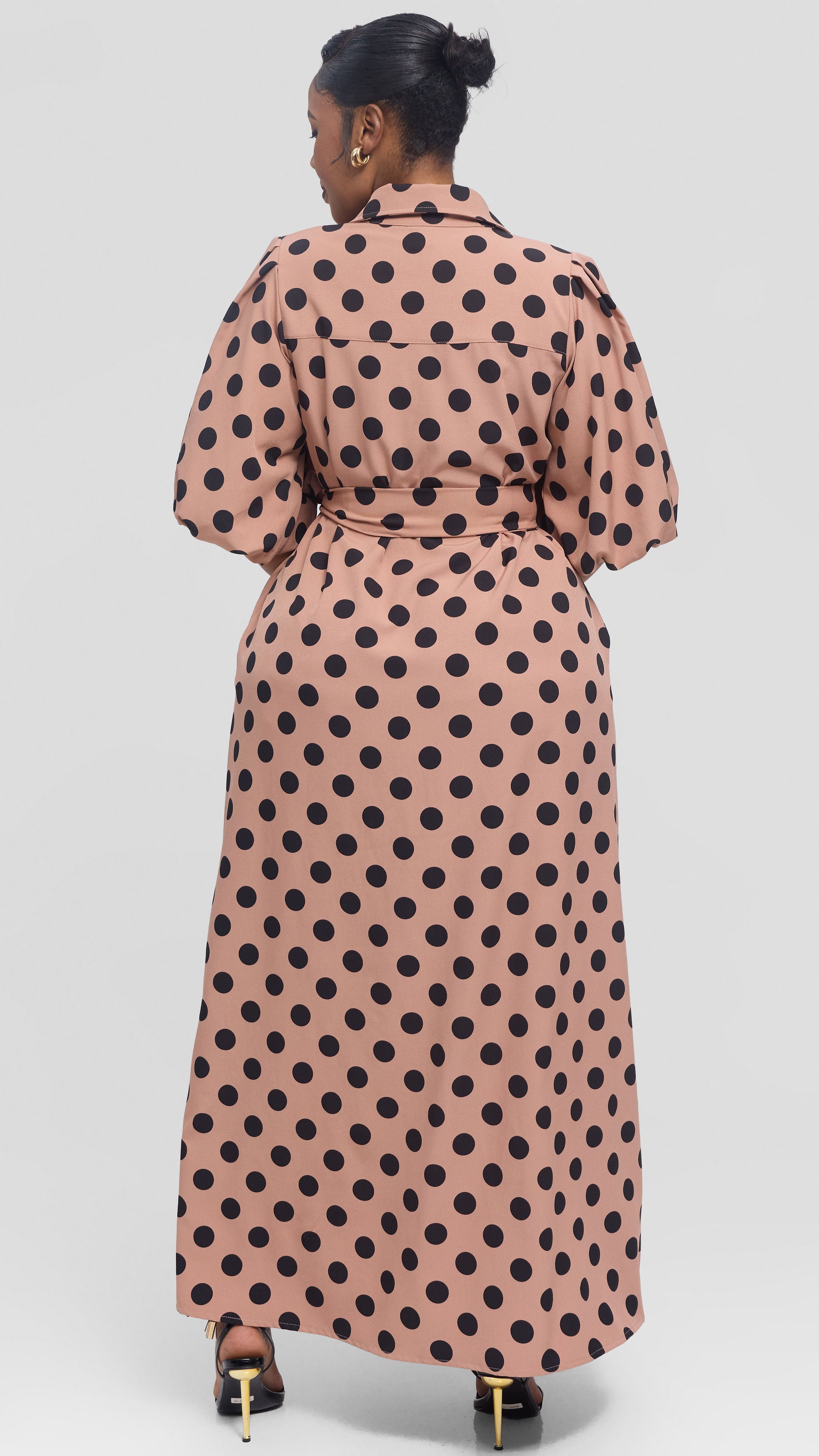 Vivo Esna Bubble Sleeve Maxi Dress in Crepe - Rose Pink / Black Polka Dot
