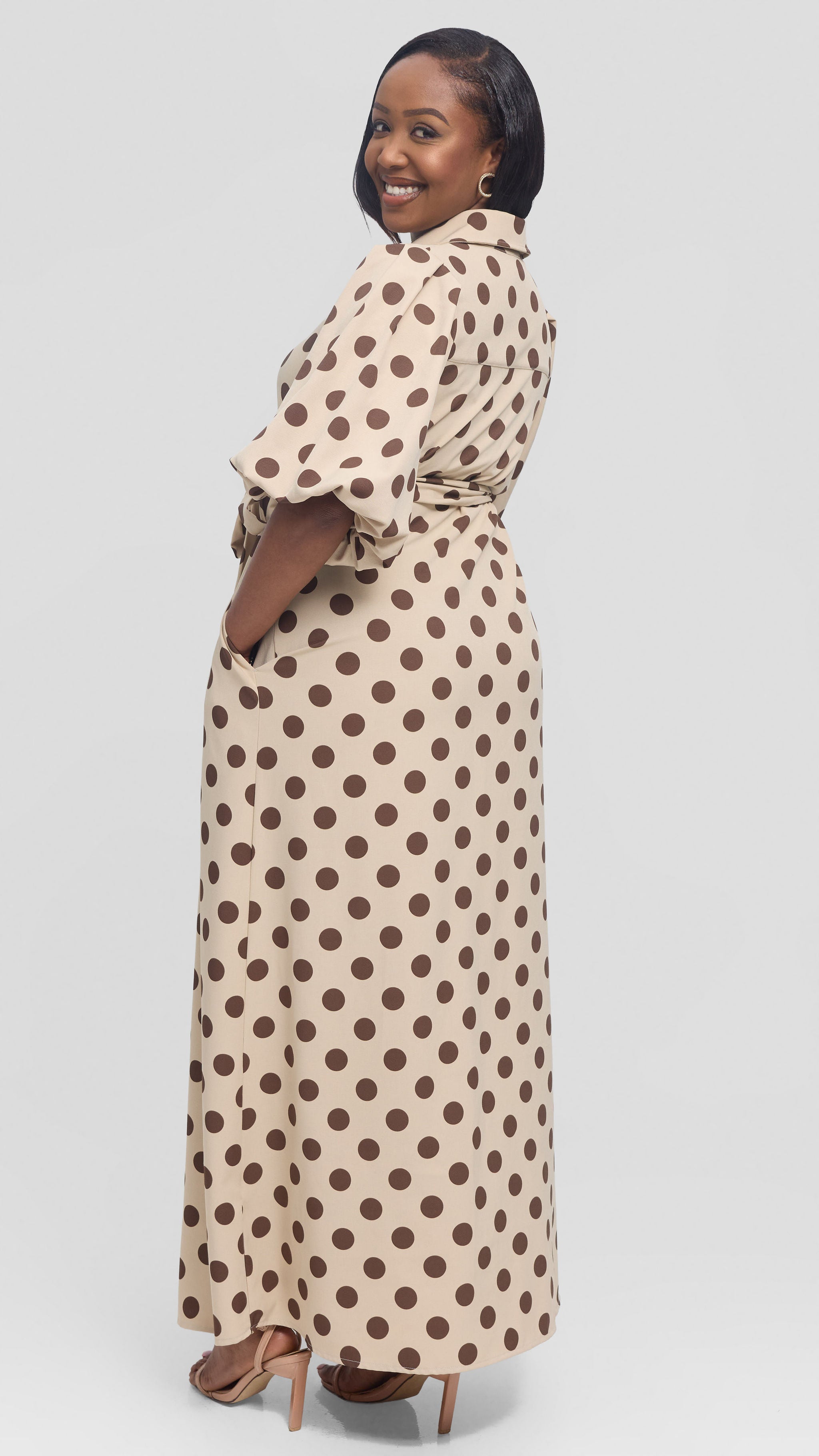 Vivo Esna Bubble Sleeve Maxi Dress in Crepe - Beige / Brown Polka Dot