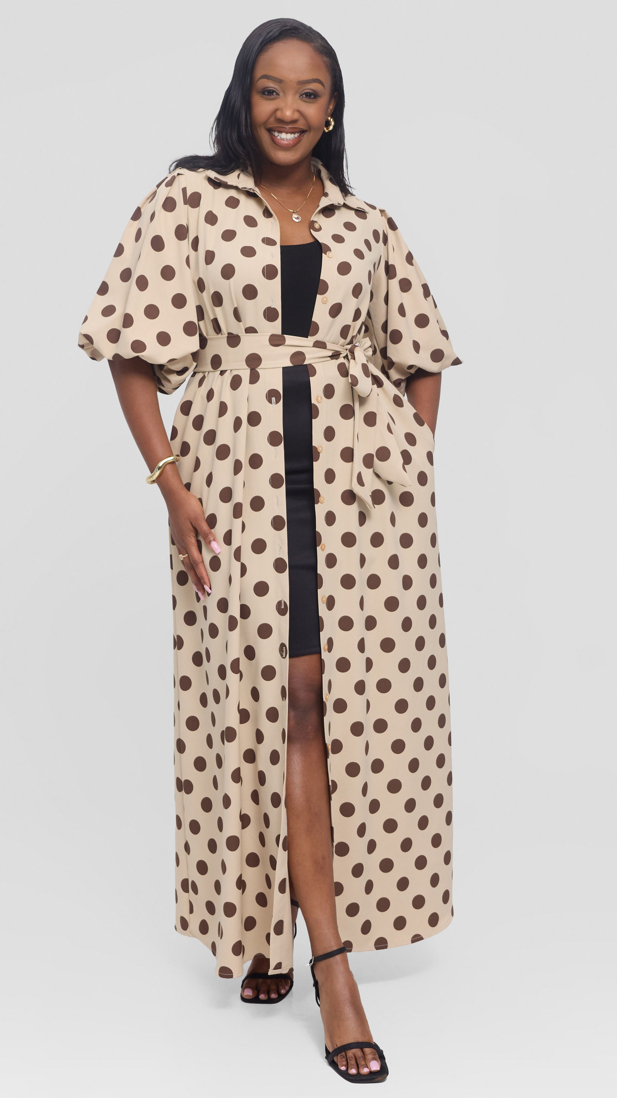 Vivo Esna Bubble Sleeve Maxi Dress in Crepe - Beige / Brown Polka Dot