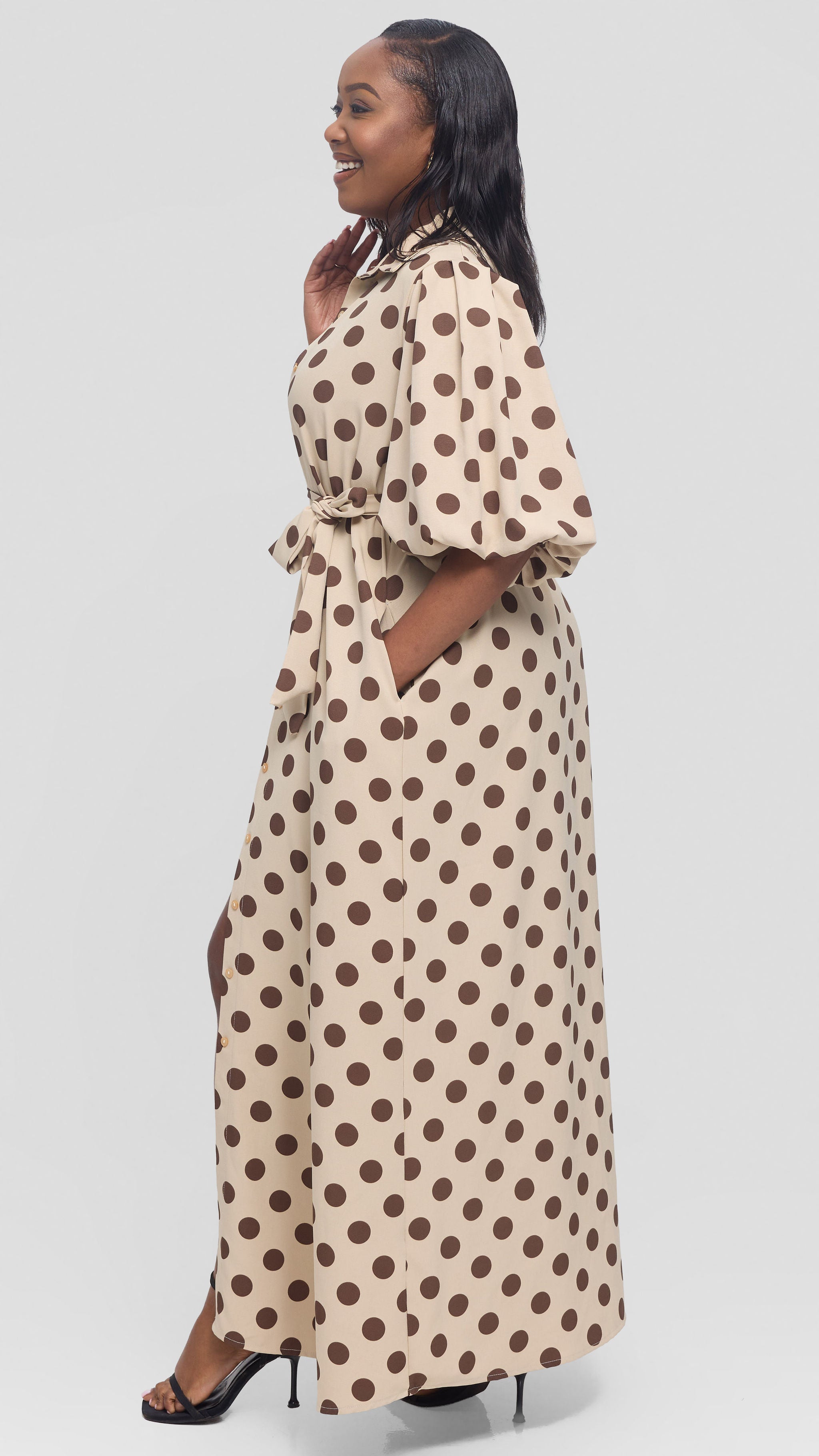 Vivo Esna Bubble Sleeve Maxi Dress in Crepe - Beige / Brown Polka Dot