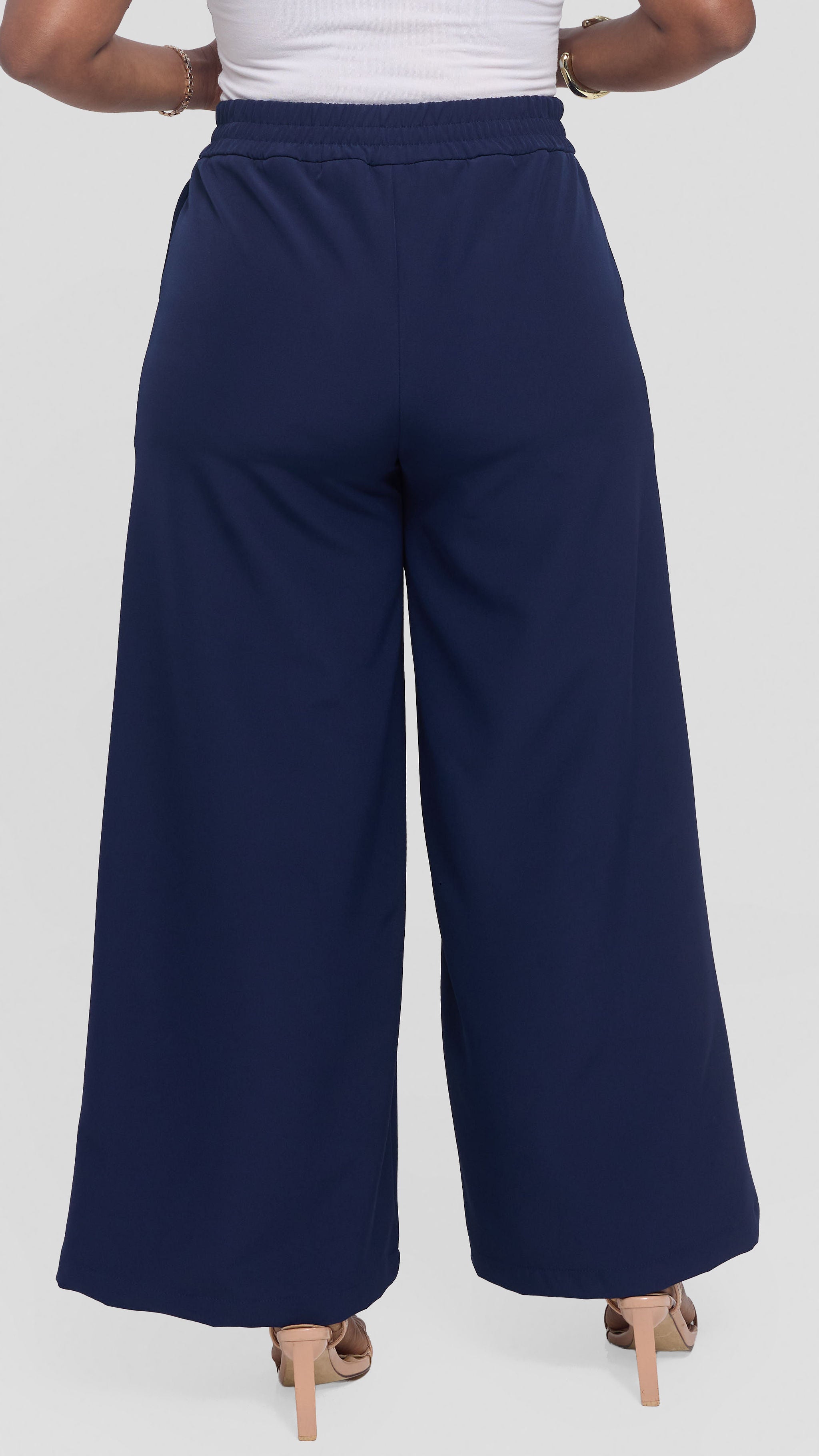 Vivo Elastic Waist Wide Pants in Crepe - Navy
