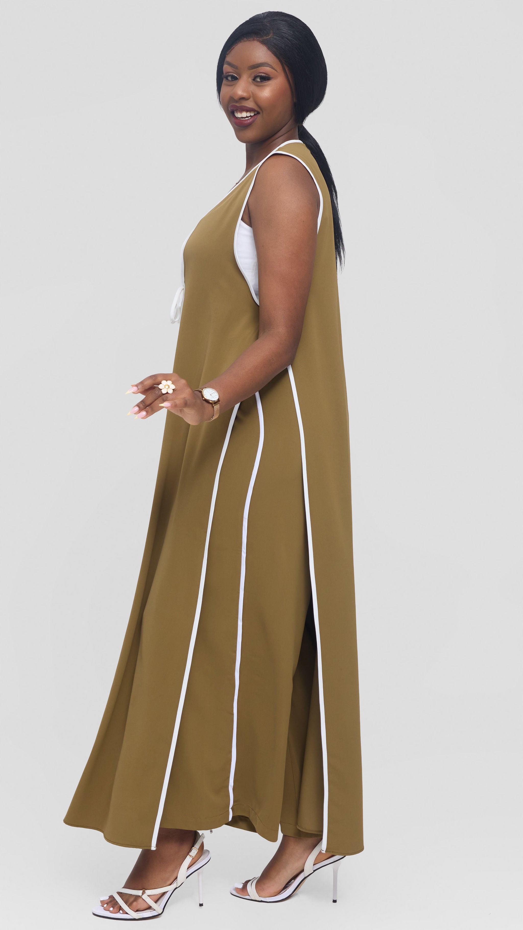 Vivo Nuru Sleeveless Maxi Kimono in Crepe - Olive
